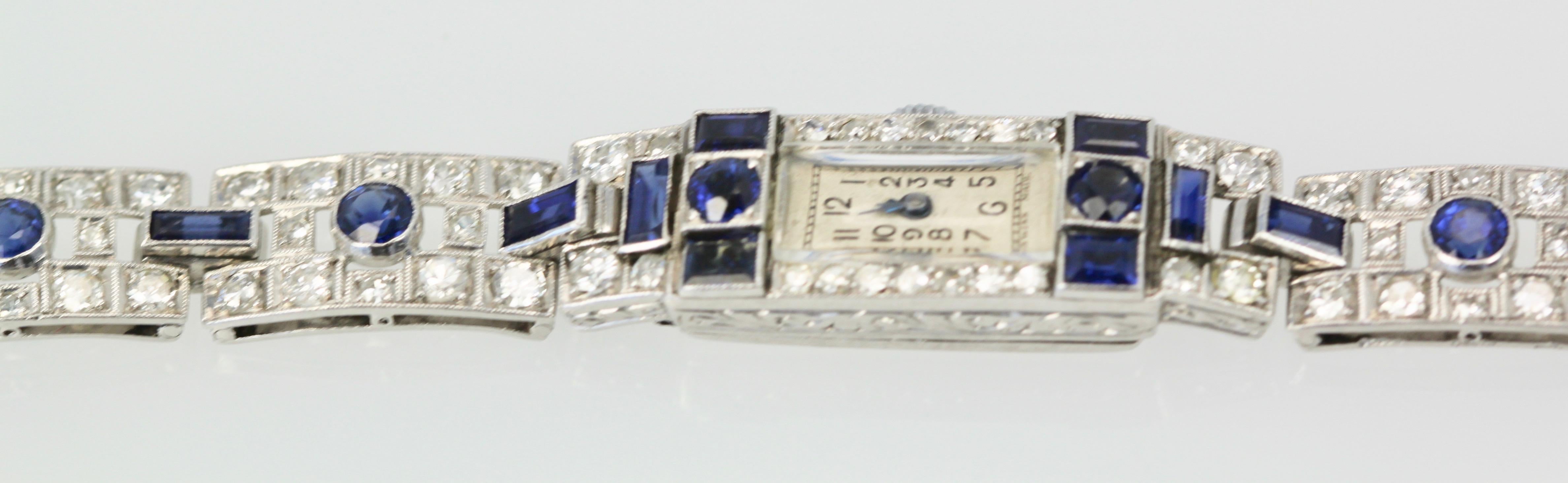 Women's Deco Platinum Sapphire Diamond Bracelet Watch, circa 1920