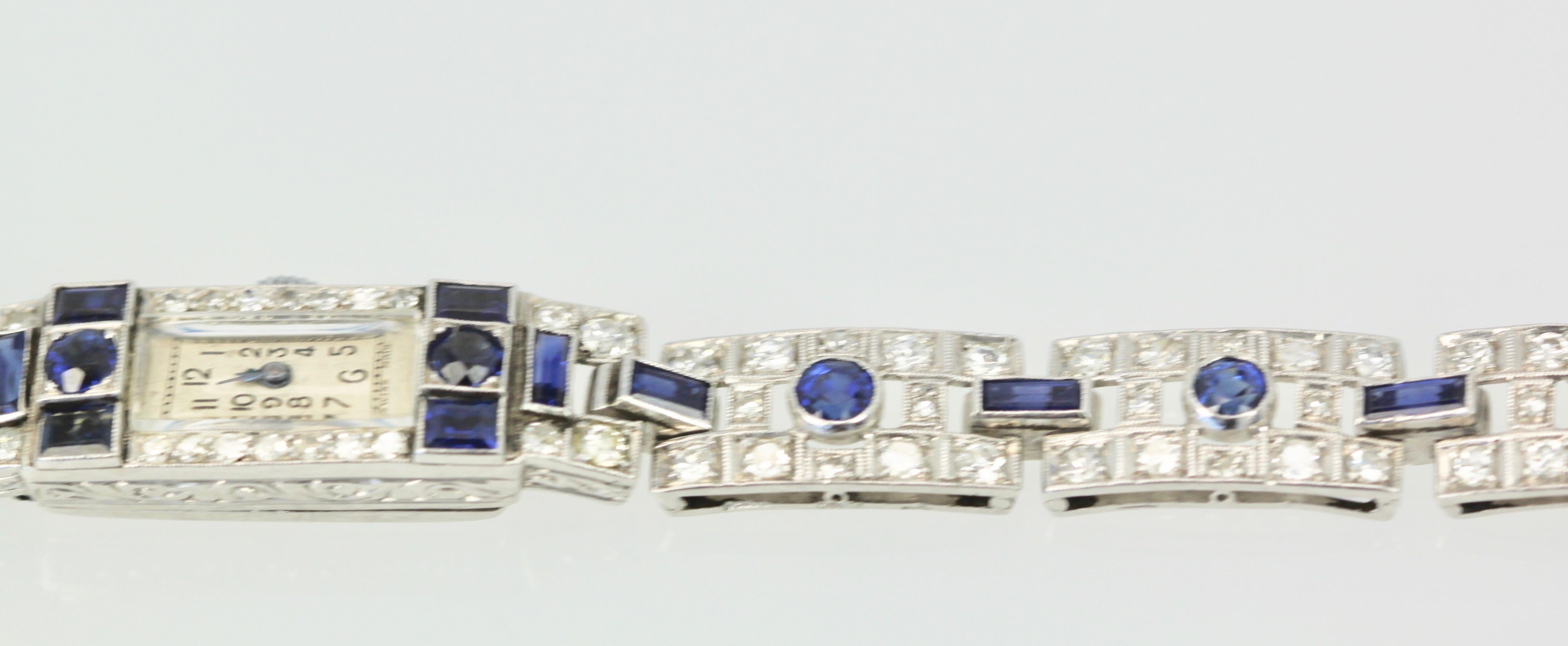 Deco Platinum Sapphire Diamond Bracelet Watch, circa 1920 1