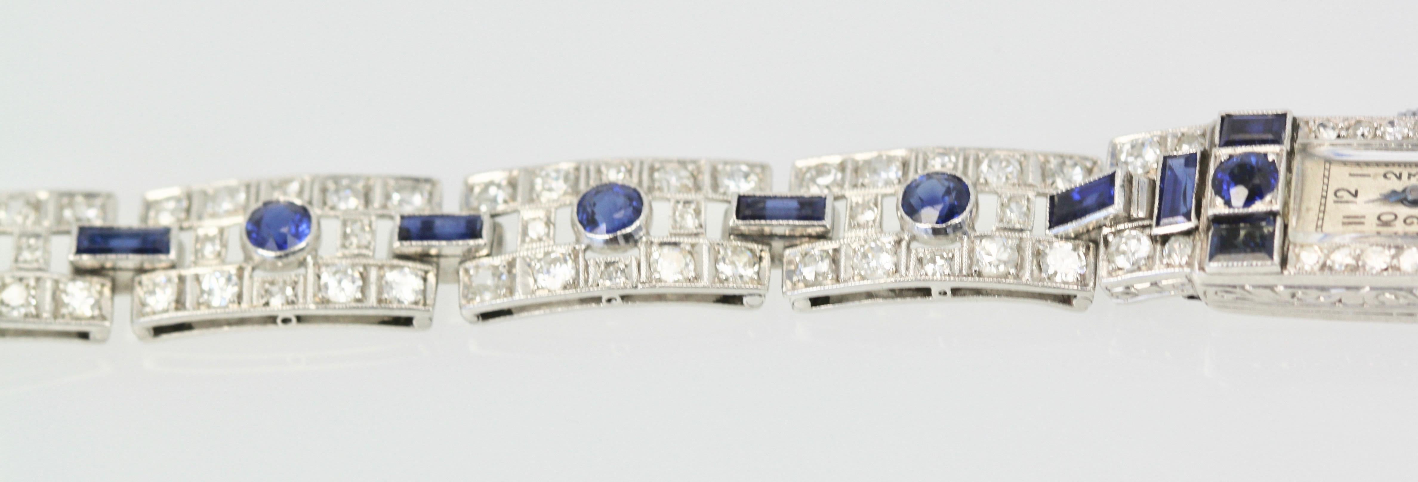 Deco Platinum Sapphire Diamond Bracelet Watch, circa 1920 2