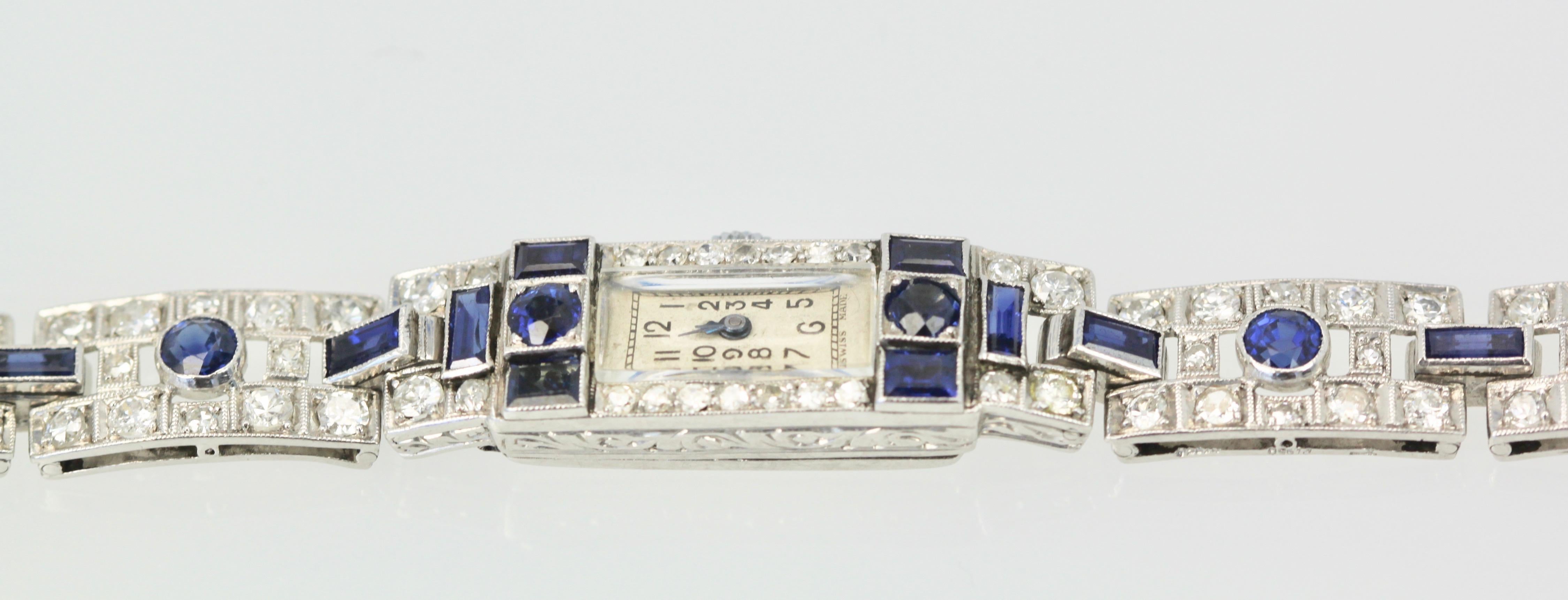 Deco Platinum Sapphire Diamond Bracelet Watch, circa 1920 3