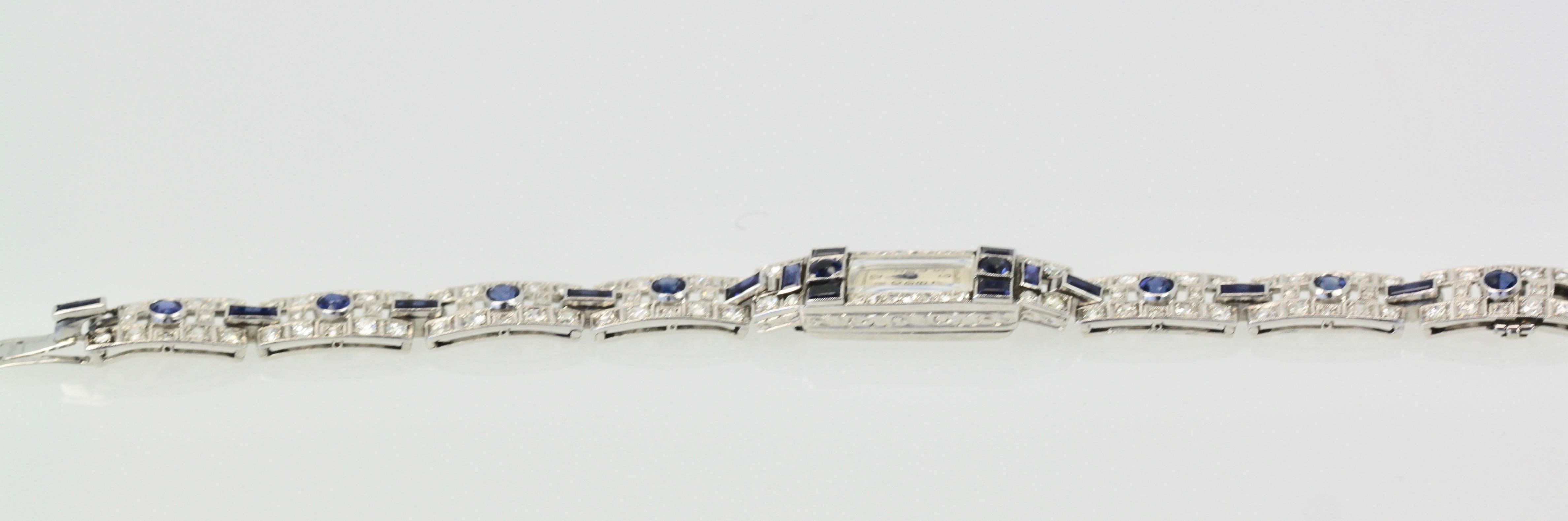 Deco Platinum Sapphire Diamond Bracelet Watch, circa 1920 4