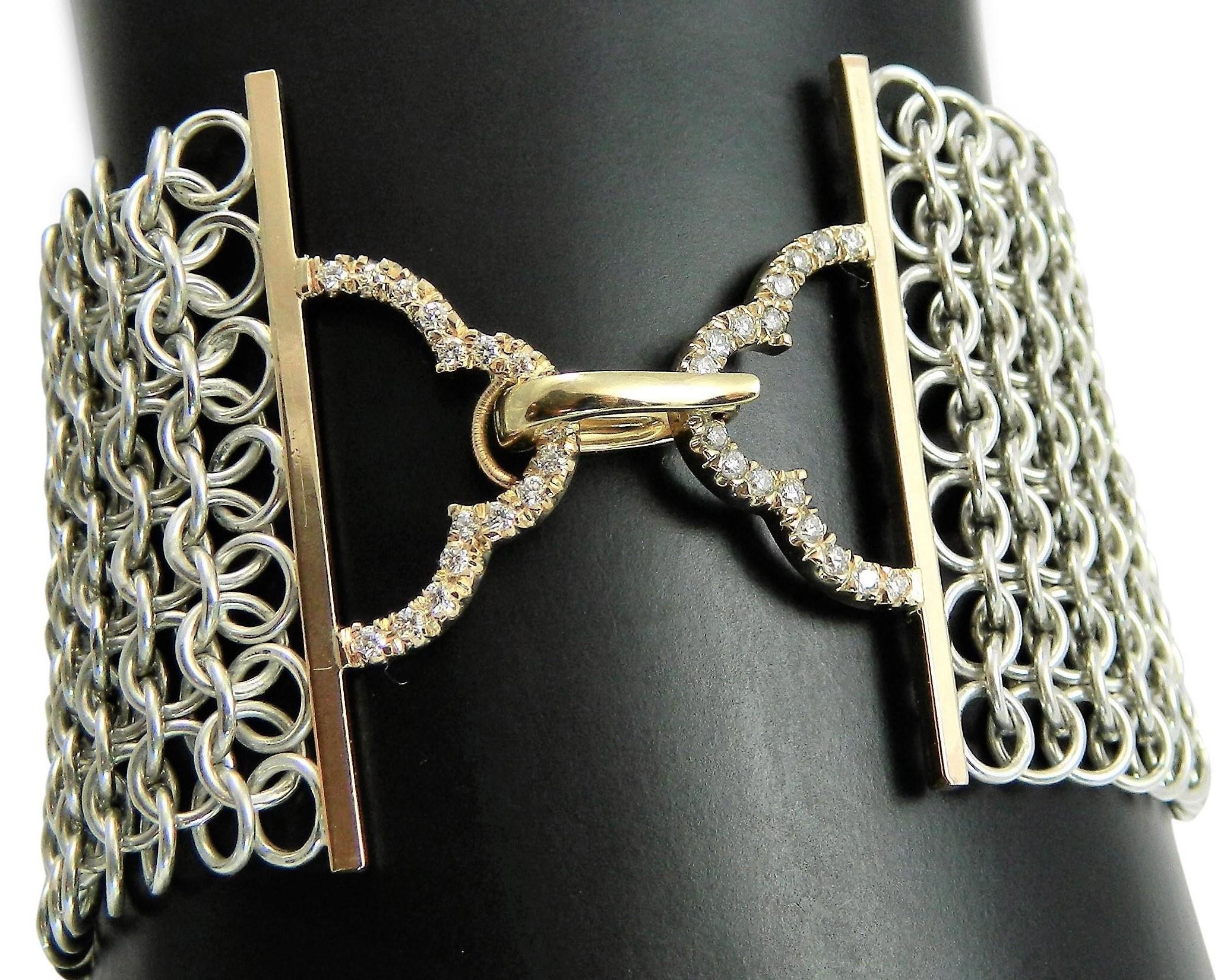 Art Deco Deco Power Bracelet with Diamonds, Silver, 14K Gold and Japanese made Chainmail For Sale