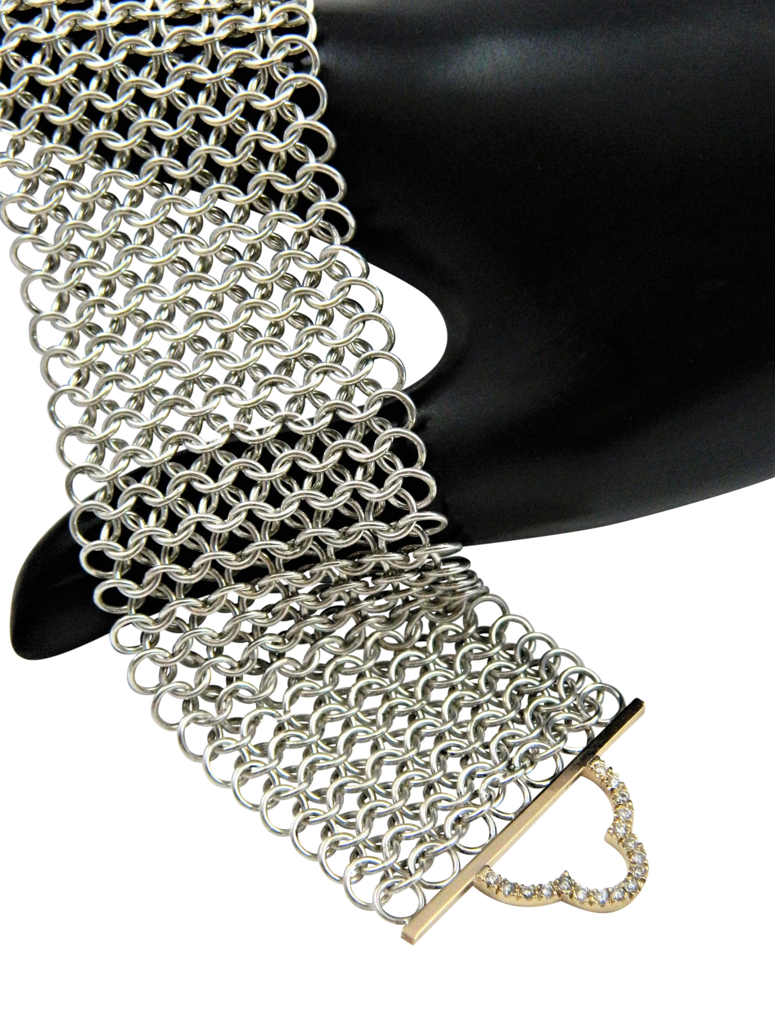 Brilliant Cut Deco Power Bracelet with Diamonds, Silver, 14K Gold and Japanese made Chainmail For Sale