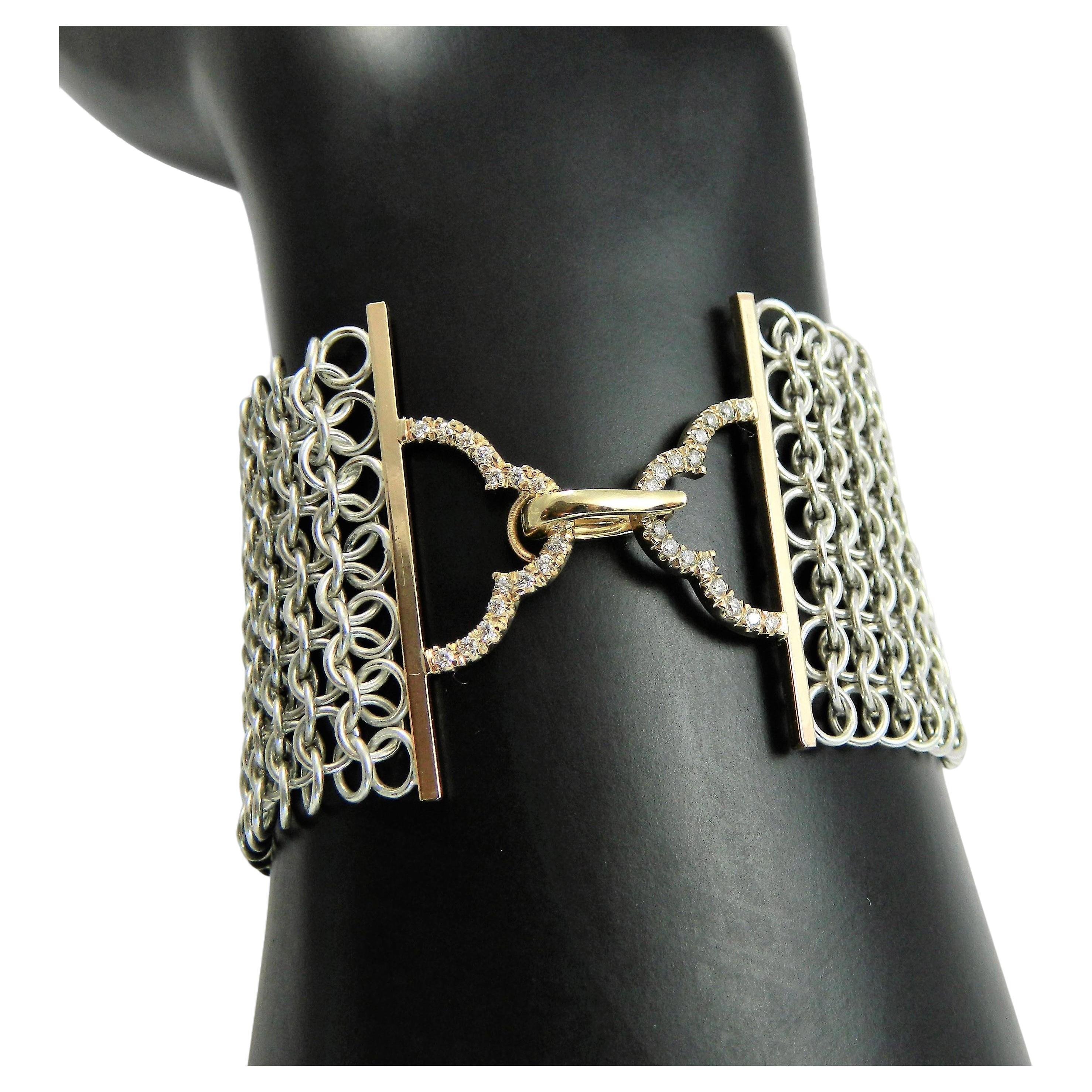 Deco Power Bracelet with Diamonds, Silver, 14K Gold and Japanese made Chainmail For Sale