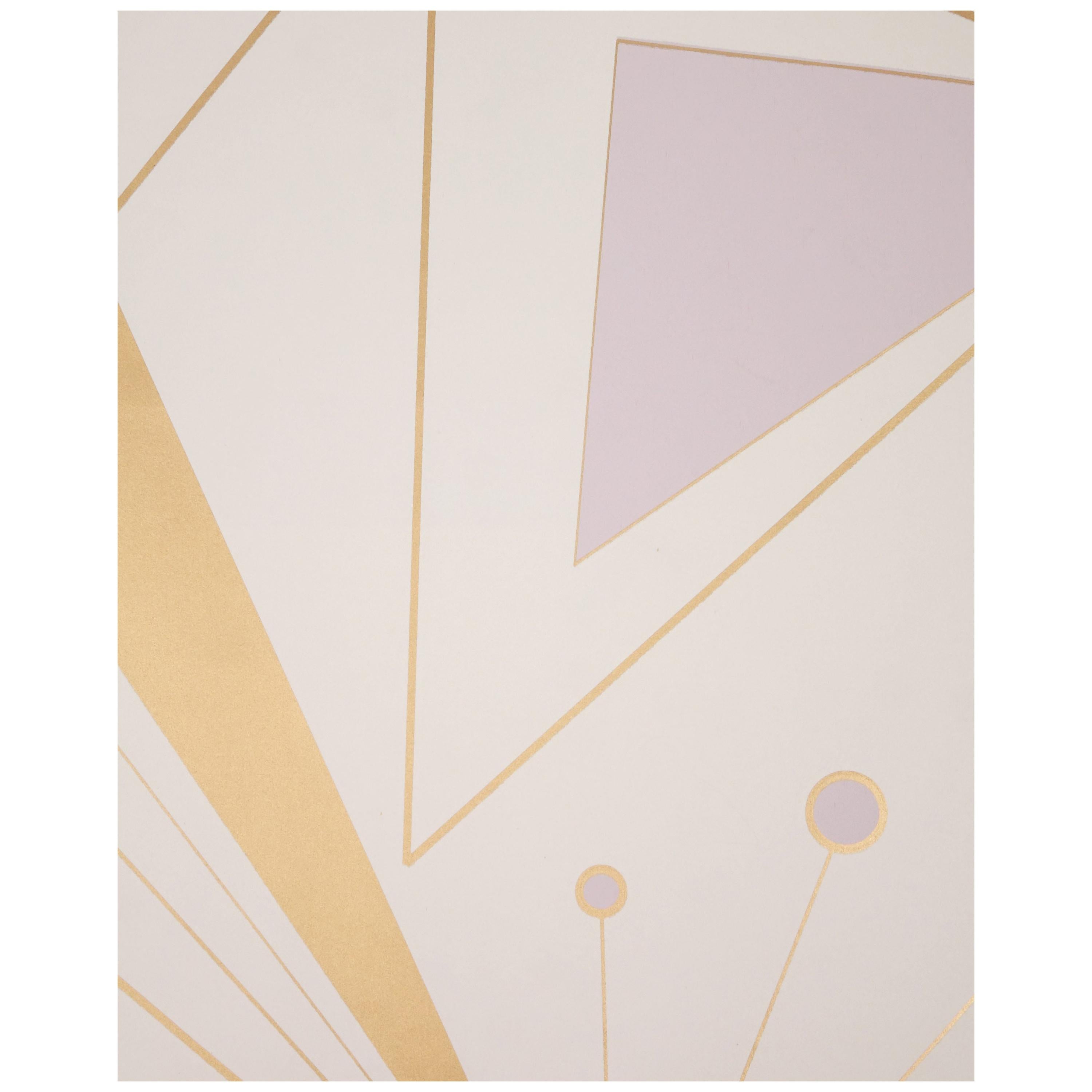 Art Deco Prisma-Raumteiler aus bedruckter Metallic-Bronze und lavendelfarbener Mist-Tapete