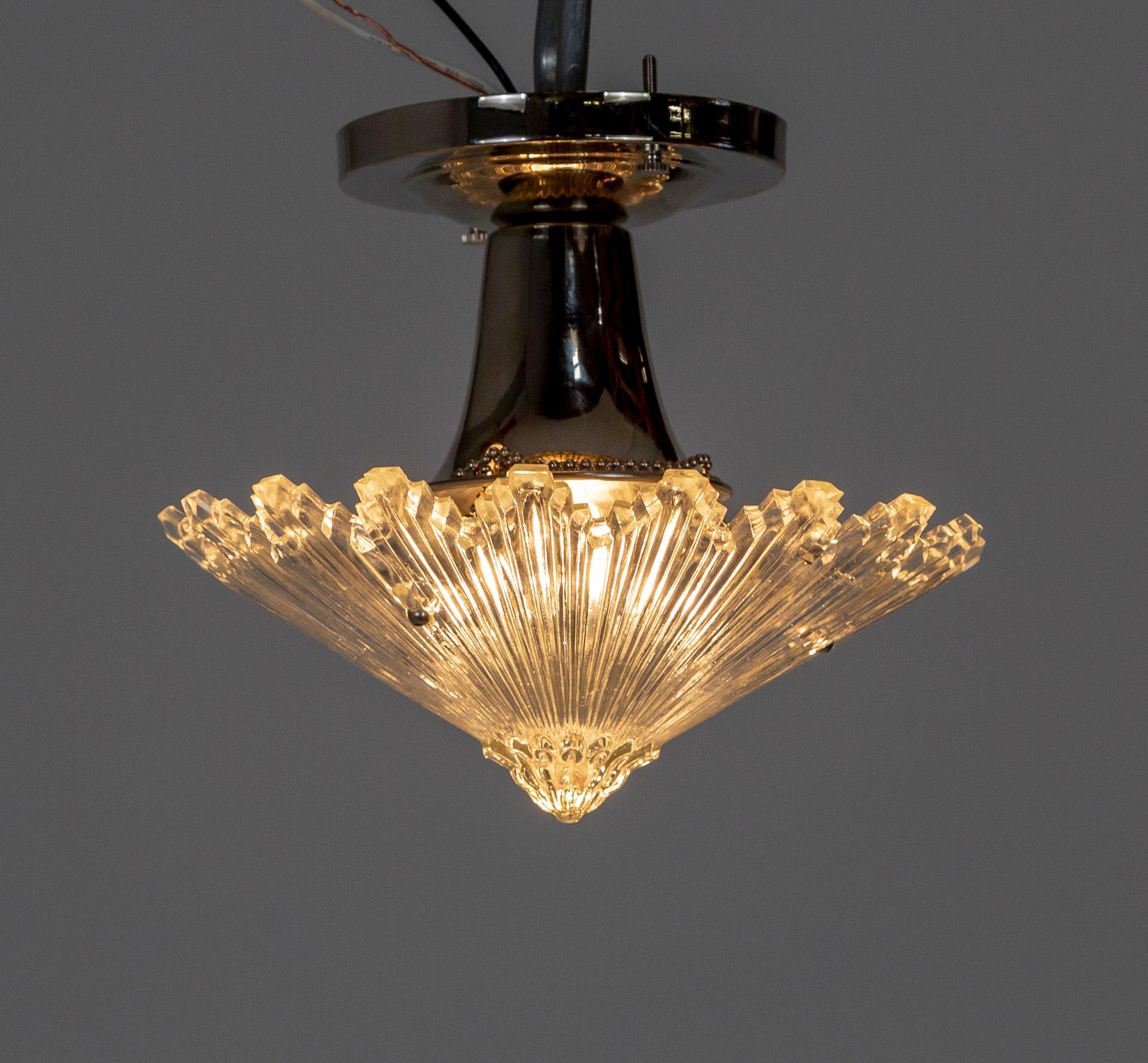 French Deco Radial Ribbed Molded Glass Star Light Fixture W/ Chrome Mount 3 Available