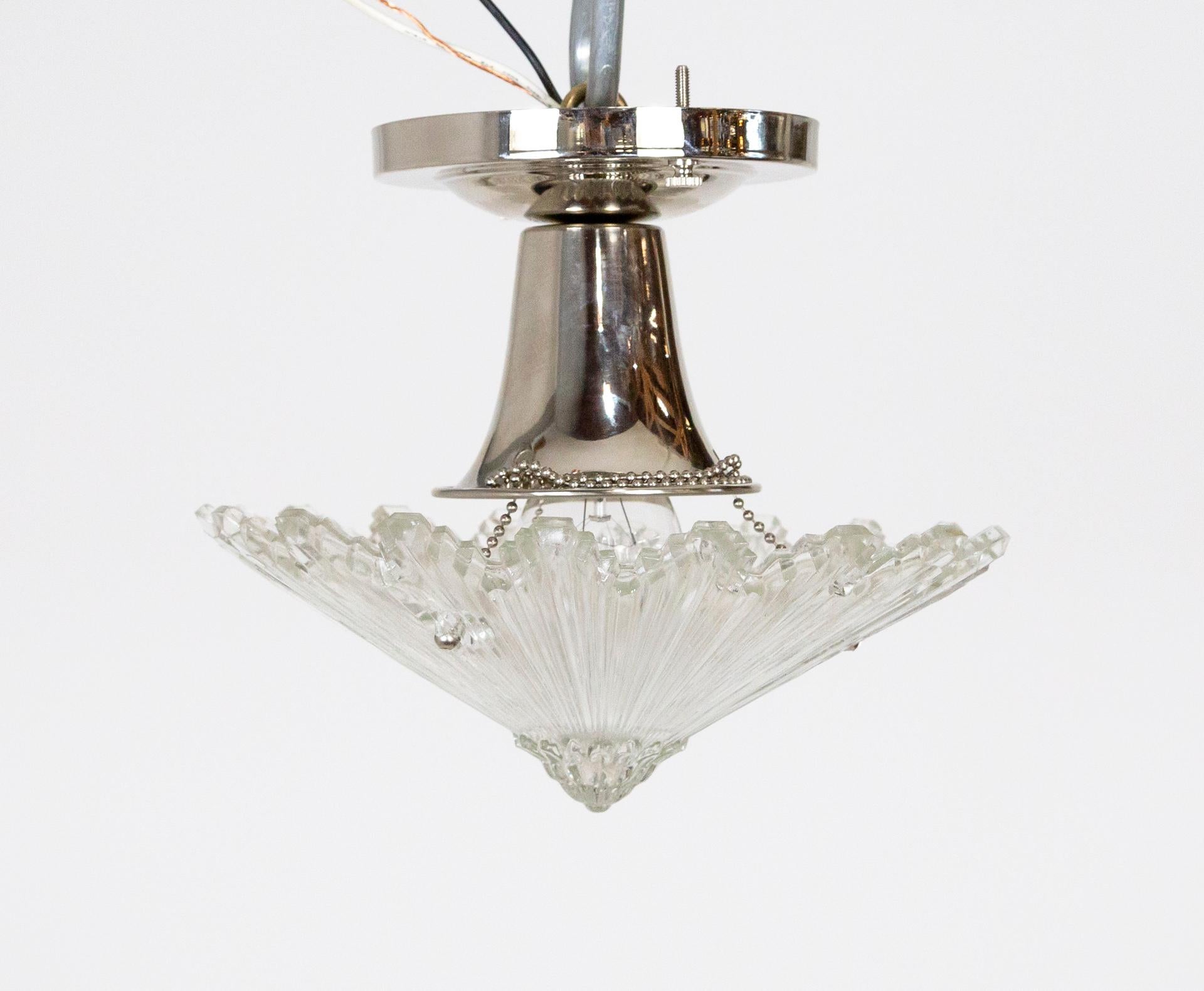 Deco Radial Ribbed Molded Glass Star Light Fixture W/ Chrome Mount 3 Available In Good Condition In San Francisco, CA