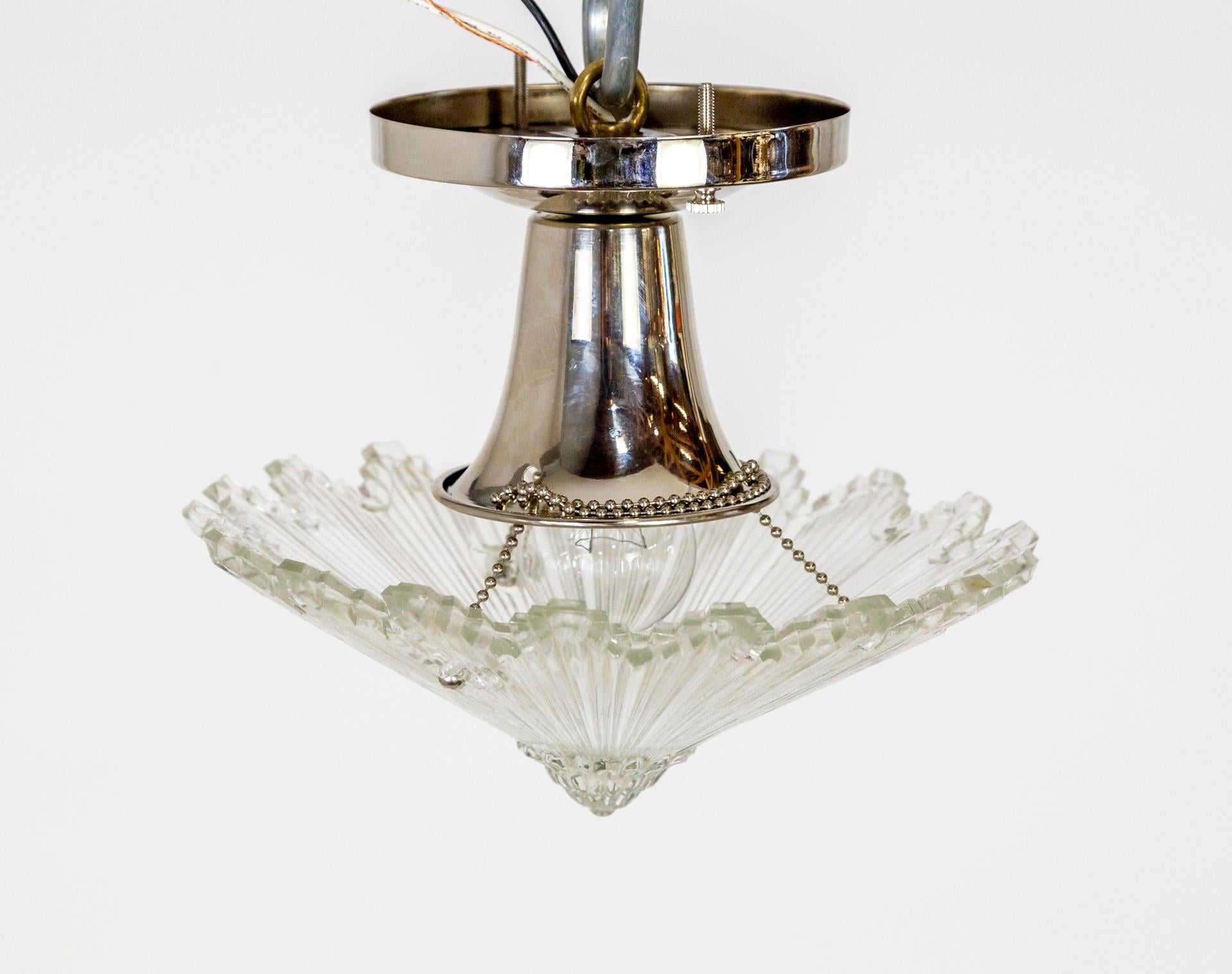 Mid-20th Century Deco Radial Ribbed Molded Glass Star Light Fixture W/ Chrome Mount 3 Available