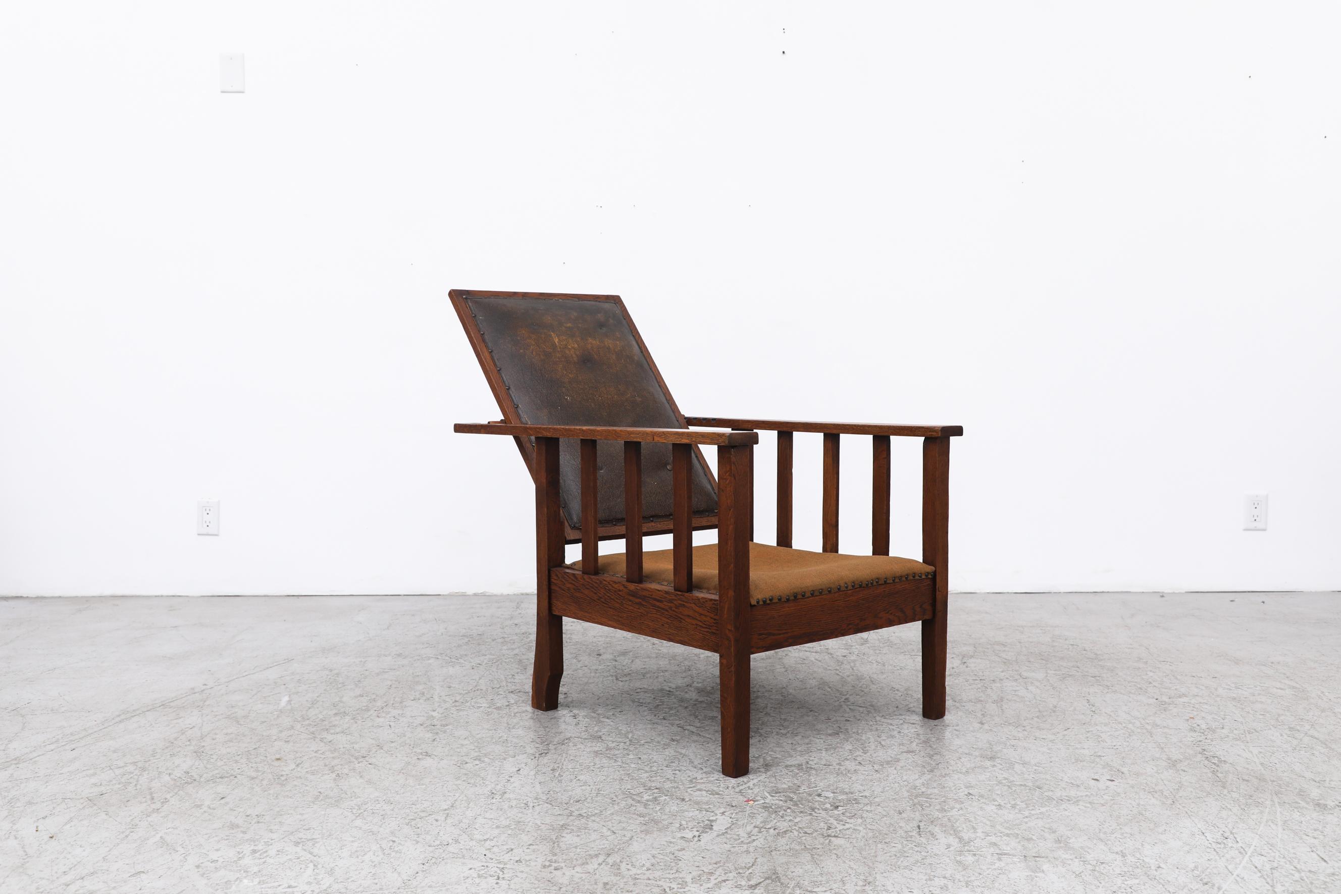 Chaise longue en Oak Oak inclinable Deco avec dossier en cuir Brown foncé et assise en tissu en vente 3