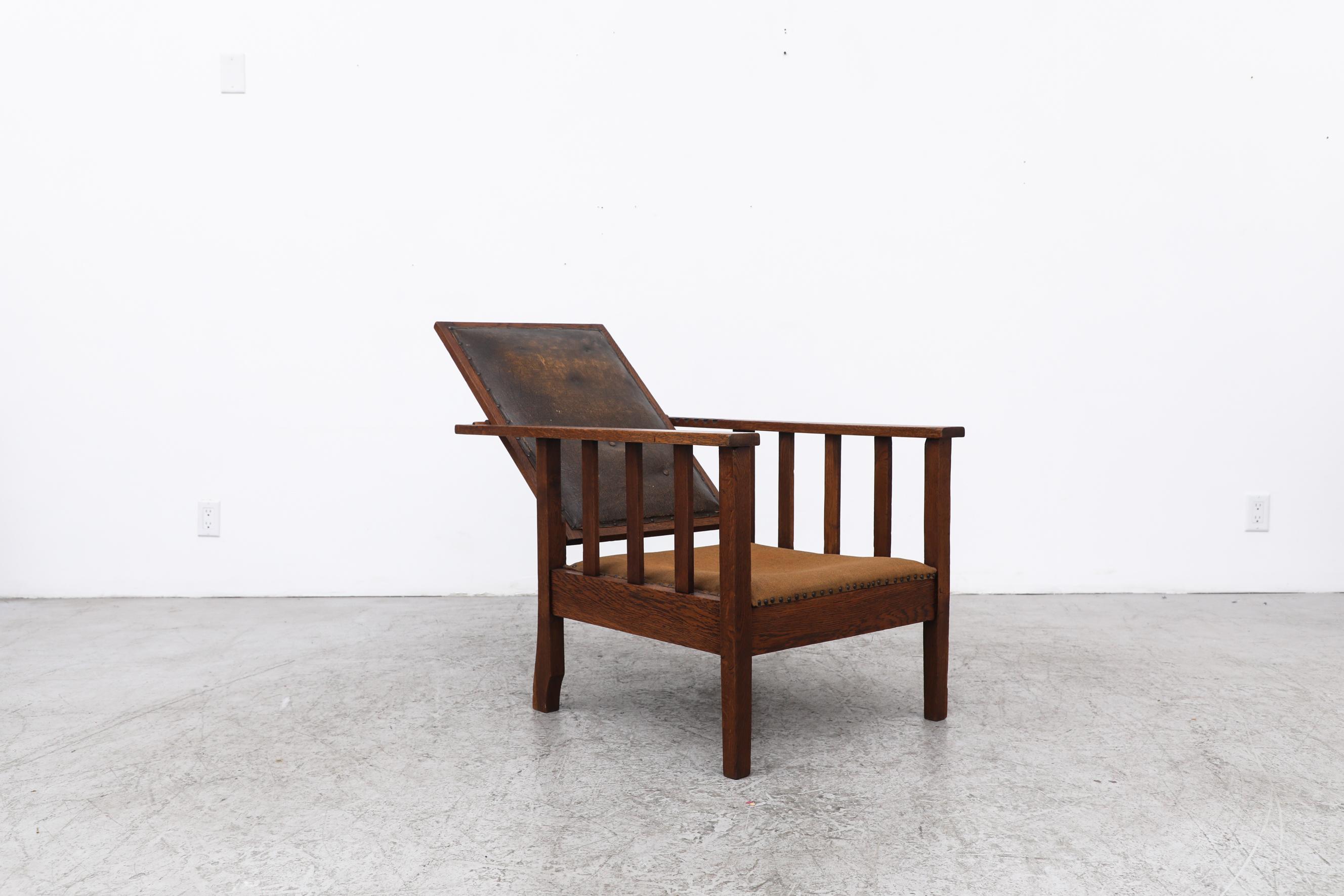 Chaise longue en Oak Oak inclinable Deco avec dossier en cuir Brown foncé et assise en tissu en vente 4