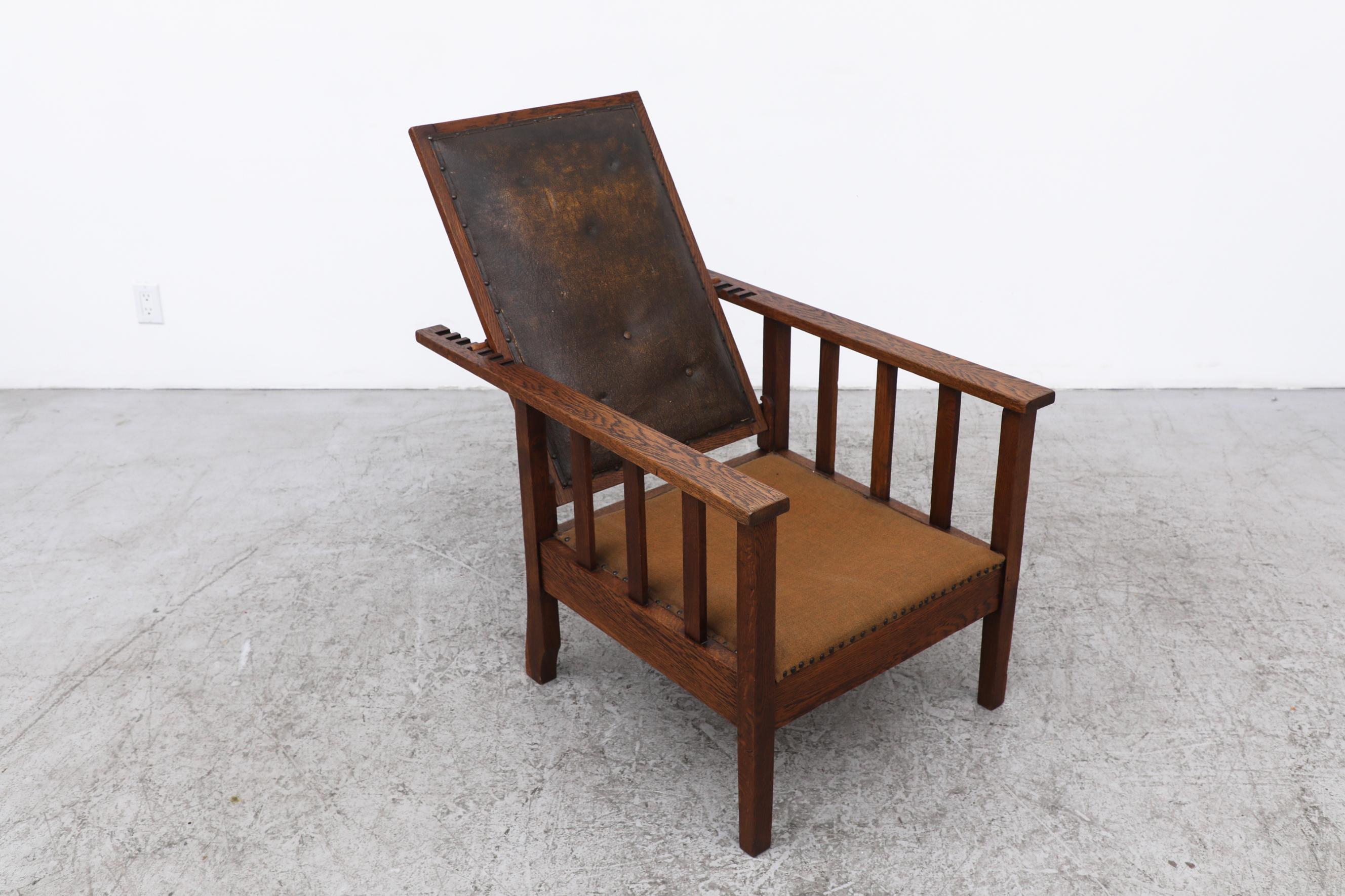 Deco Reclining Oak Lounge Chair mit dunkelbrauner Lederrückenlehne und Stoffsitz im Angebot 6