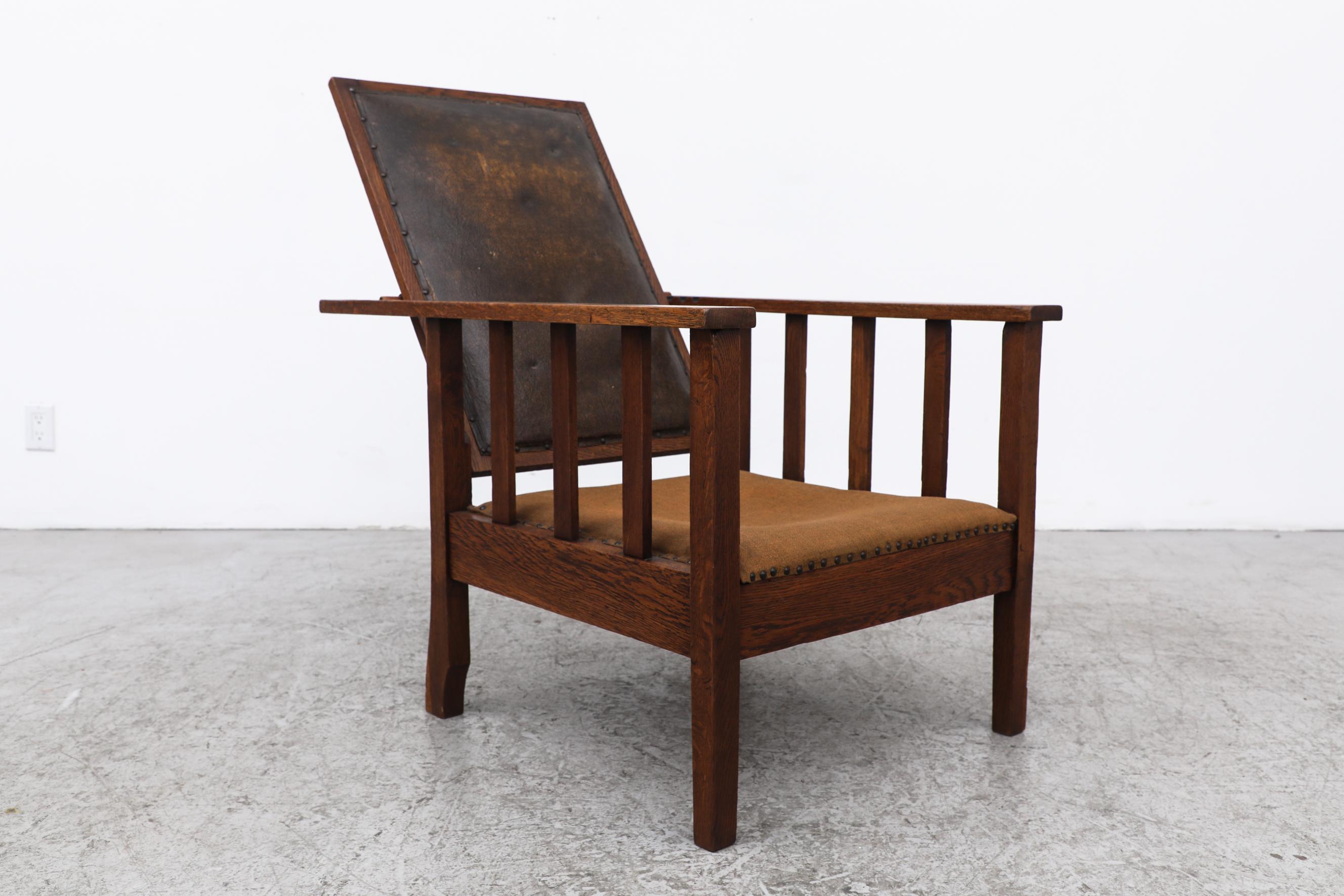 Chaise longue en Oak Oak inclinable Deco avec dossier en cuir Brown foncé et assise en tissu en vente 6