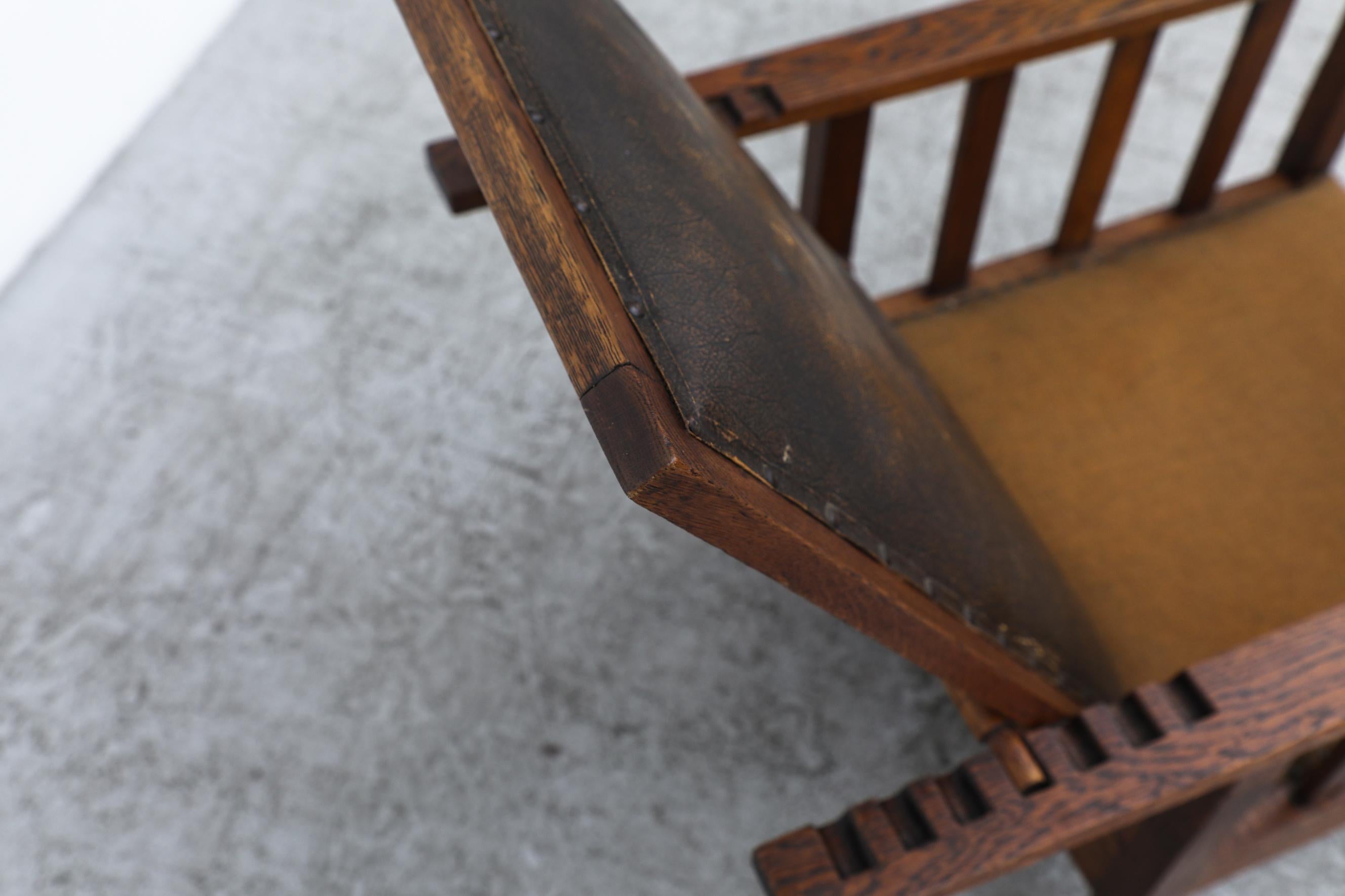 Chaise longue en Oak Oak inclinable Deco avec dossier en cuir Brown foncé et assise en tissu en vente 8