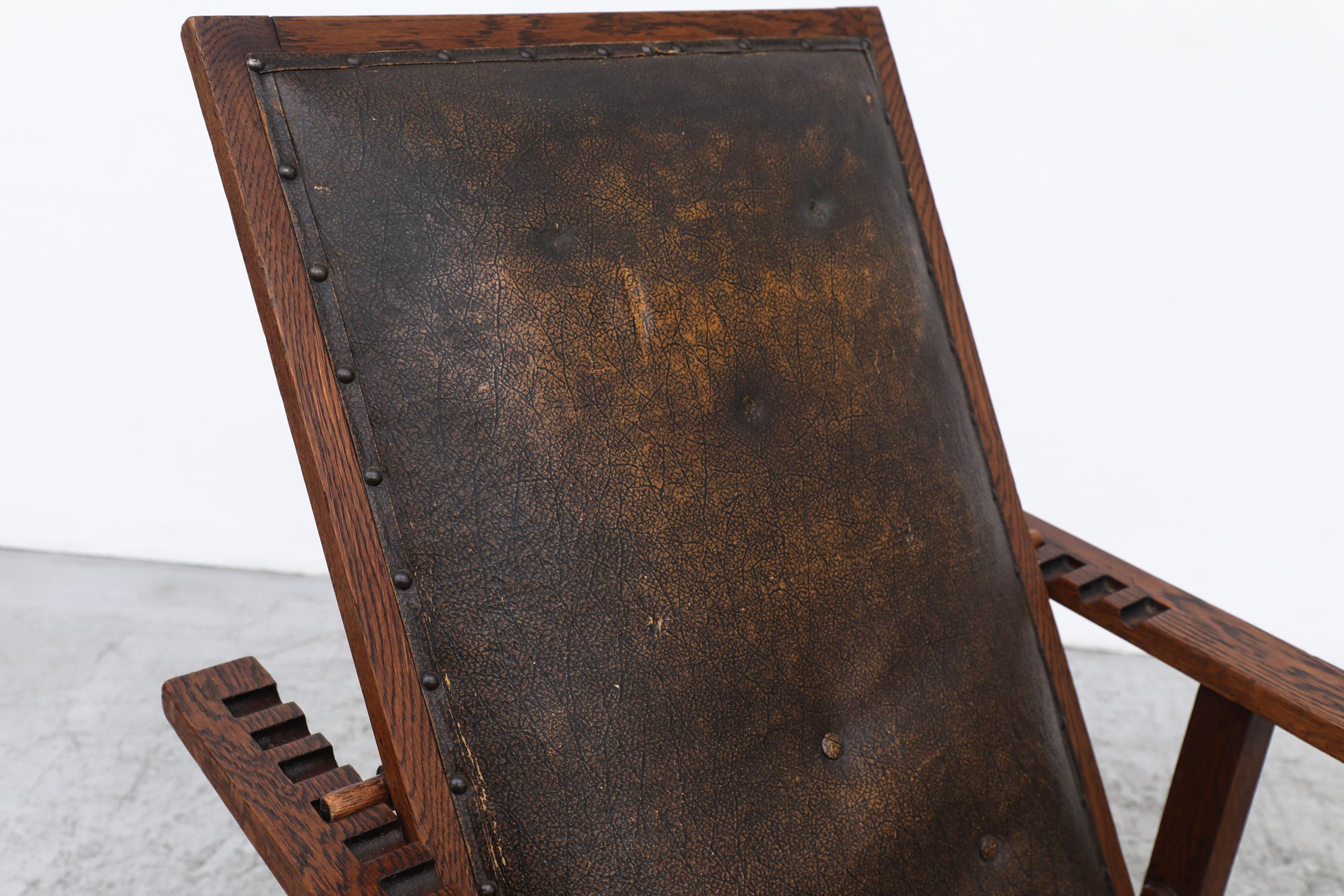 Deco Reclining Oak Lounge Chair mit dunkelbrauner Lederrückenlehne und Stoffsitz im Angebot 10