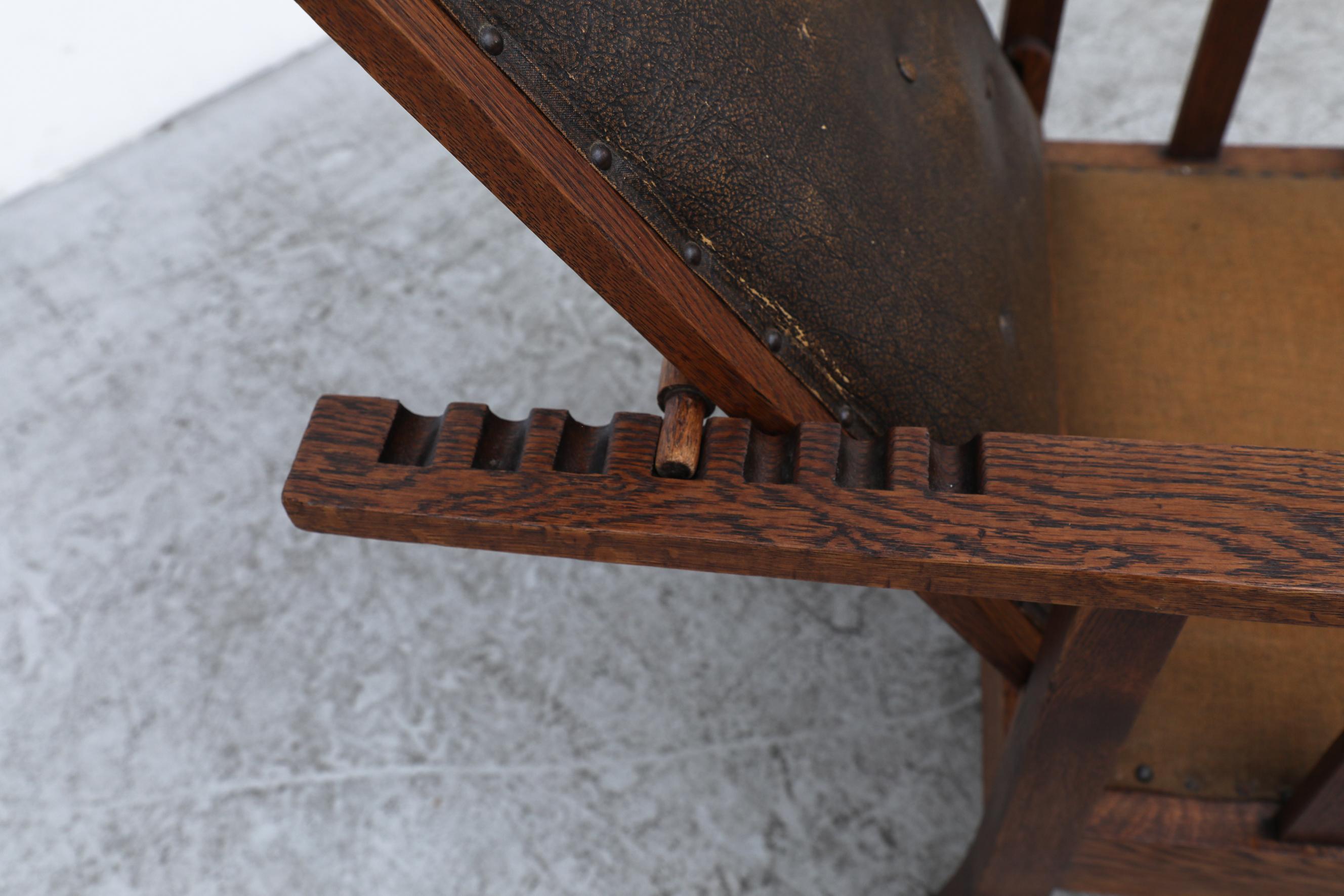 Chaise longue en Oak Oak inclinable Deco avec dossier en cuir Brown foncé et assise en tissu en vente 10
