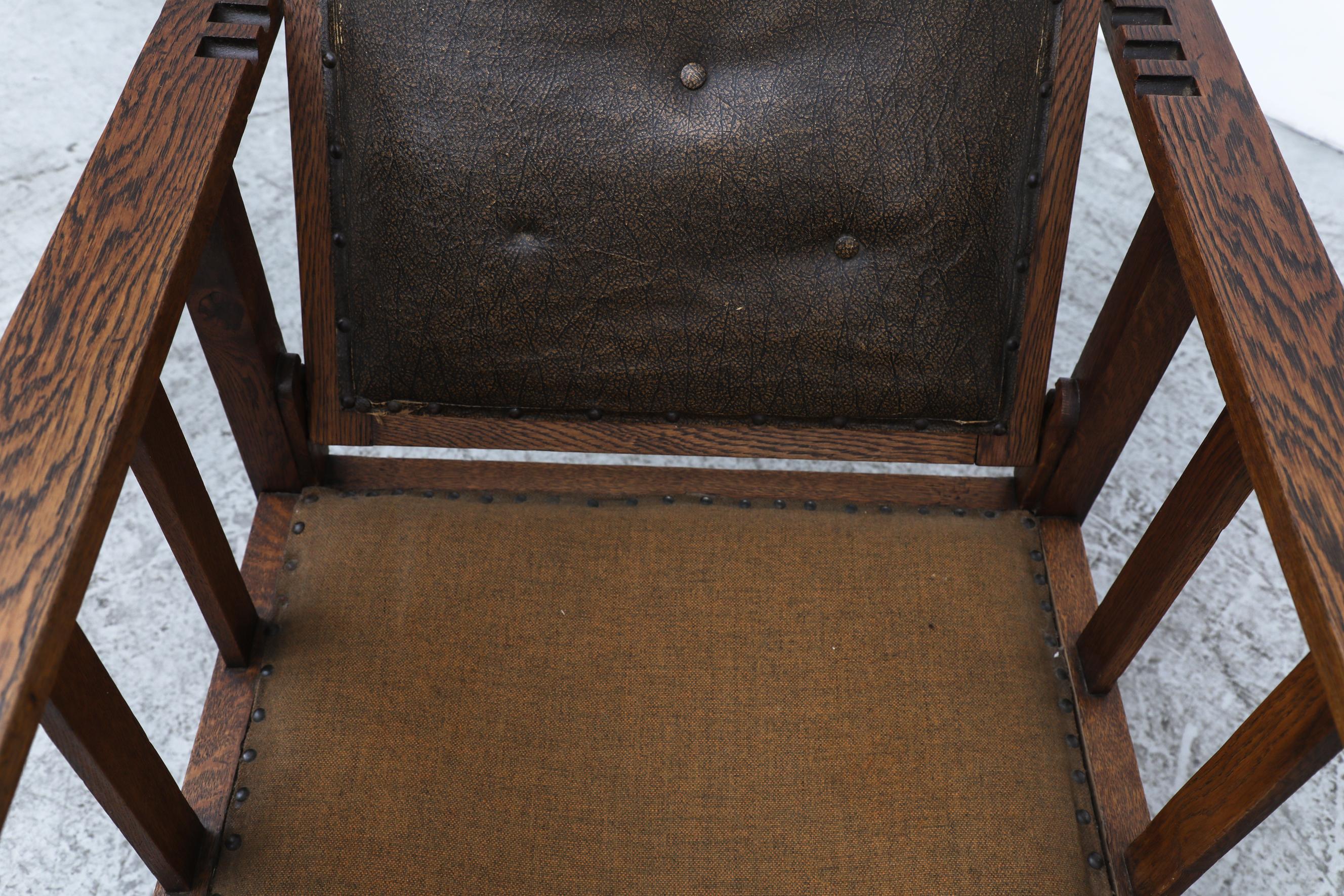 Deco Reclining Oak Lounge Chair mit dunkelbrauner Lederrückenlehne und Stoffsitz im Angebot 12
