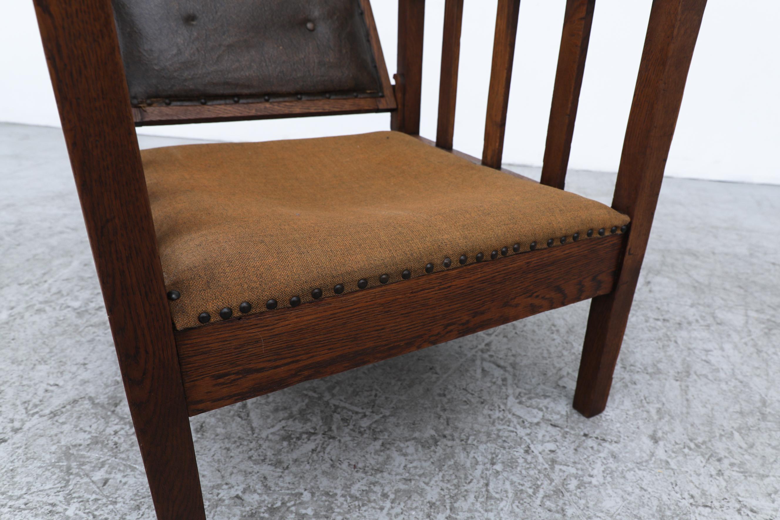 Deco Reclining Oak Lounge Chair mit dunkelbrauner Lederrückenlehne und Stoffsitz im Angebot 13