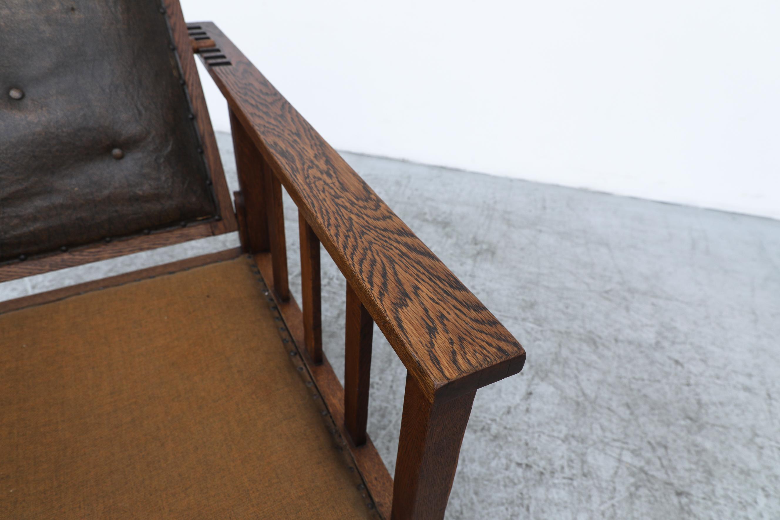 Deco Reclining Oak Lounge Chair mit dunkelbrauner Lederrückenlehne und Stoffsitz im Angebot 14