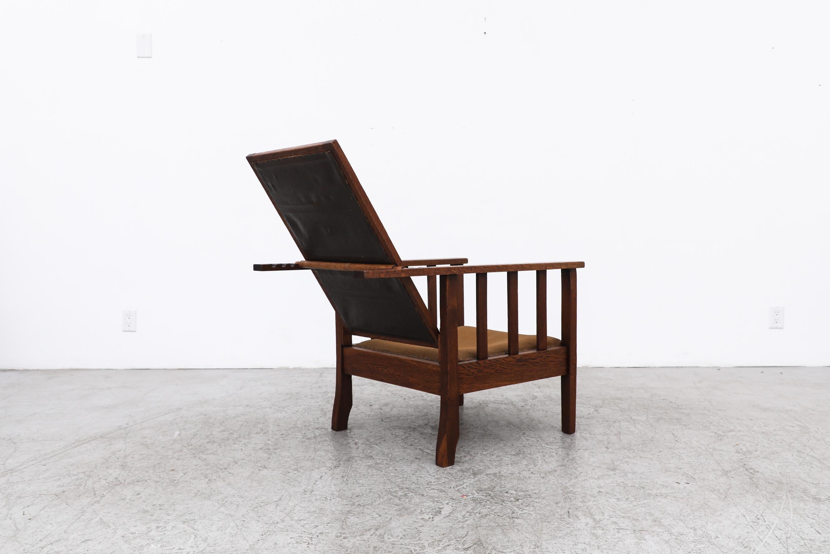 Cuir Chaise longue en Oak Oak inclinable Deco avec dossier en cuir Brown foncé et assise en tissu en vente