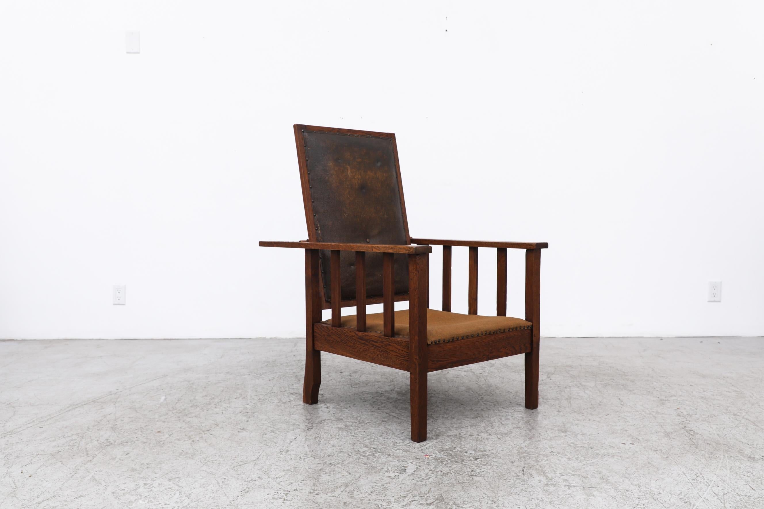 Chaise longue en Oak Oak inclinable Deco avec dossier en cuir Brown foncé et assise en tissu en vente 1