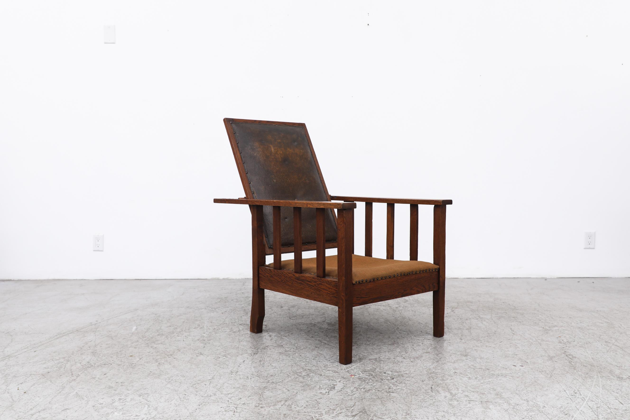 Deco Reclining Oak Lounge Chair mit dunkelbrauner Lederrückenlehne und Stoffsitz im Angebot 3
