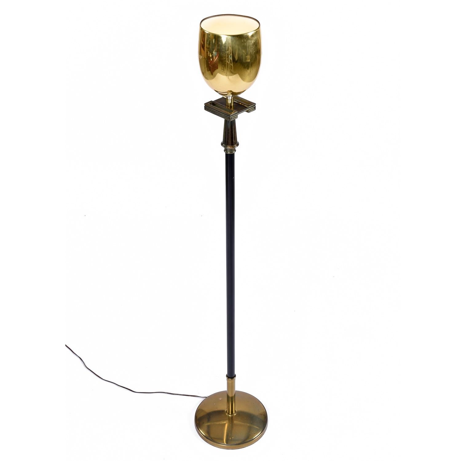 Hollywood Regency Deco Regency Greek Key Brass Chalice Stiffel Torchiere Floor Lamps Set For Sale