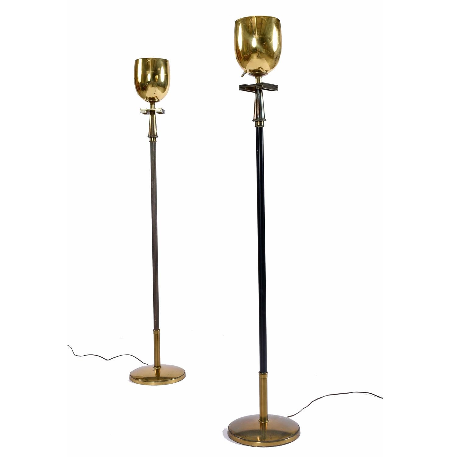 American Deco Regency Greek Key Brass Chalice Stiffel Torchiere Floor Lamps Set For Sale