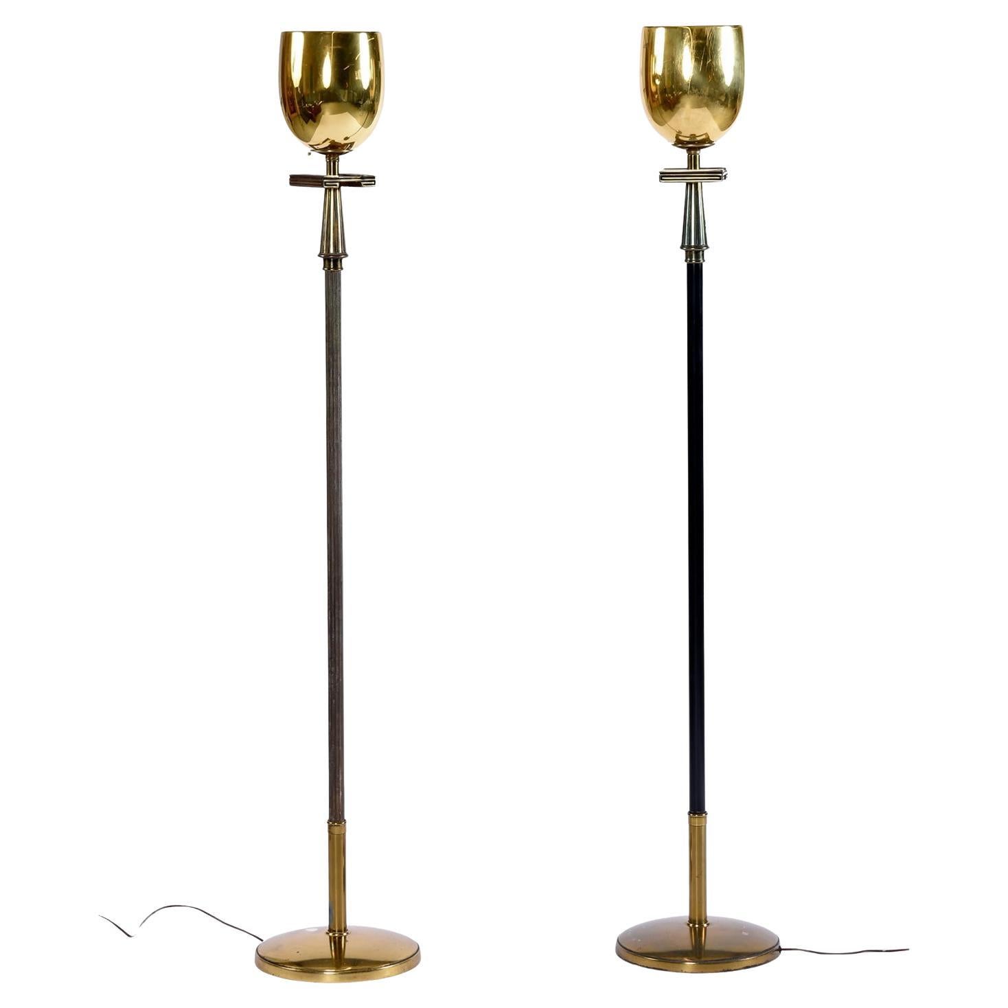 Deco Regency Greek Key Brass Chalice Stiffel Torchiere Floor Lamps Set For Sale
