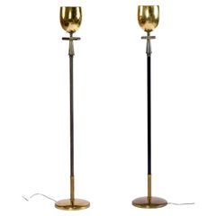 Deco Regency Greek Key Brass Chalice Stiffel Torchiere Floor Lamps Set