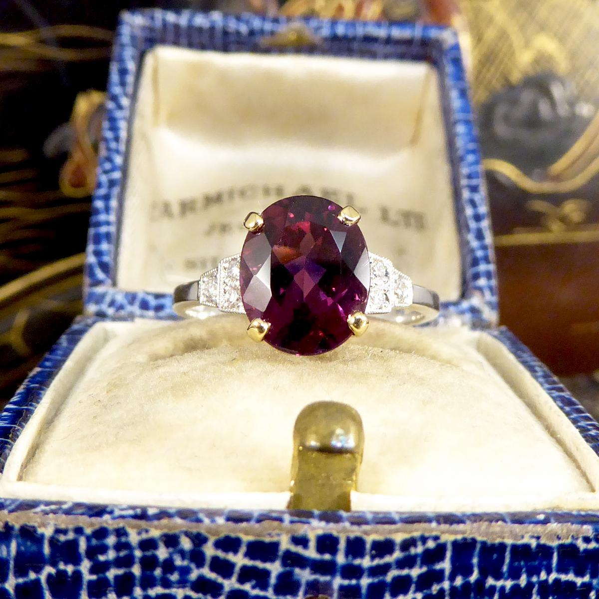 Deco Replica 2.77ct Raspberry Red Tourmaline and Diamond Ring in White Gold For Sale 4
