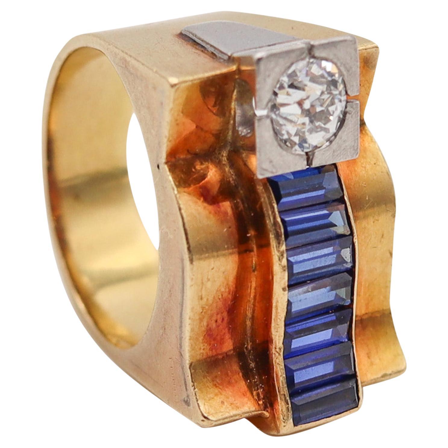 Deco Retro 1935 Tank Chevalier Ring In 18Kt Gold Platinum Diamond And Sapphires For Sale