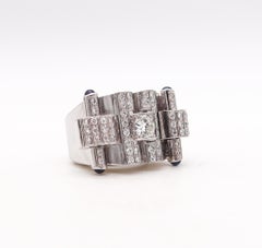 Deco Retro 1935 Tank-Cocktailring aus 18 Karat Gold mit 2,53 Gesamtkaratgewicht Diamanten und Saphiren
