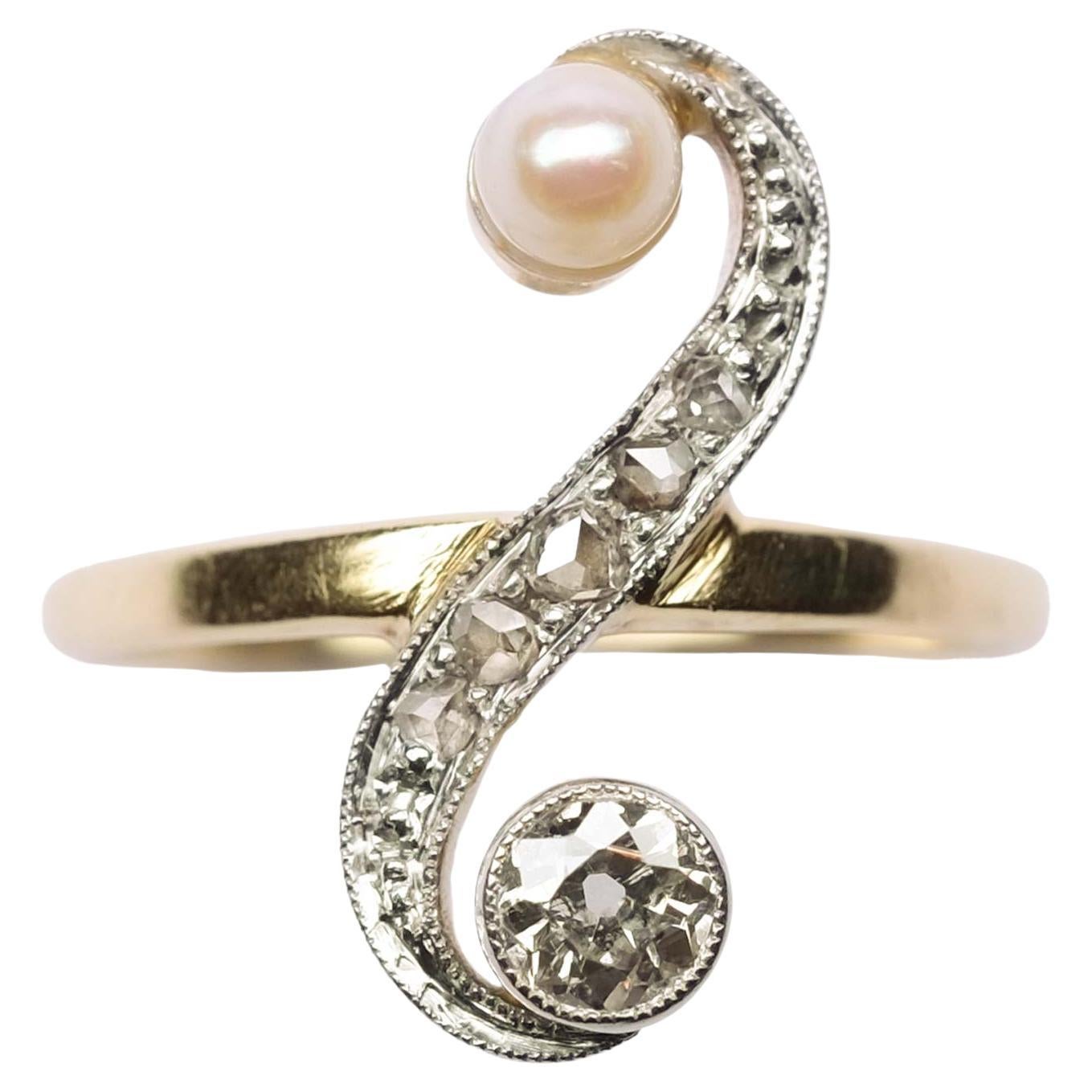 Anello Deco con diamanti e perle in vendita