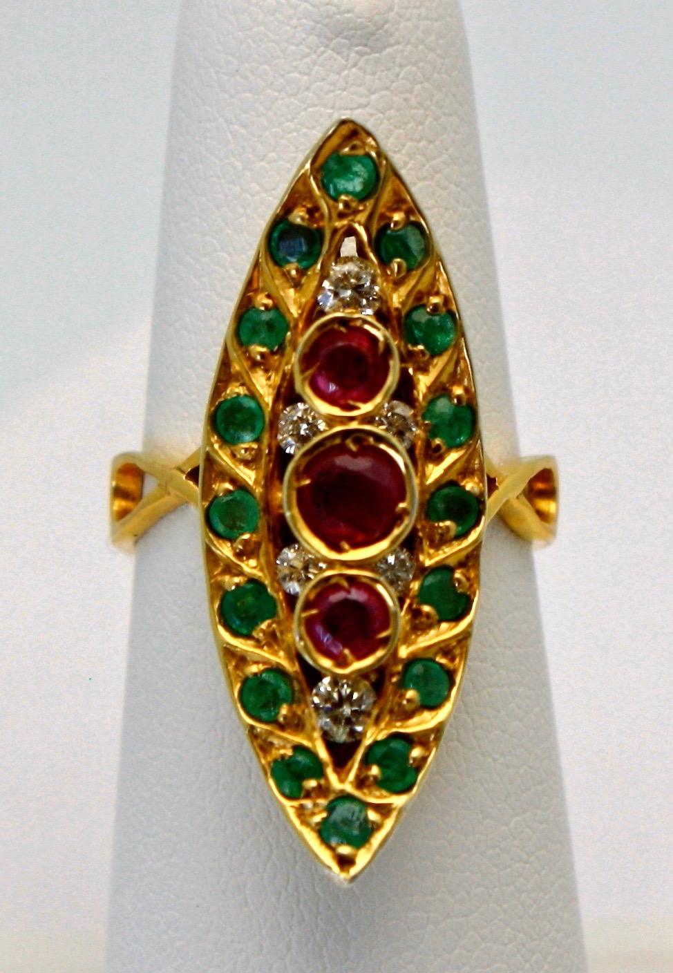 The Art Deco pagoda Emerald and Ruby ring was all the rage during the early 1930's. The 1930's brought back a fascination with all things Asian. The 1920's focused on all things Egyptian. This style ring, also called naivete, bridged the two and was