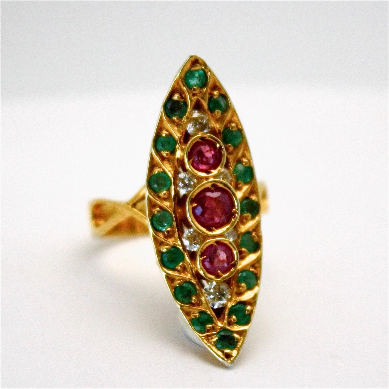 Women's Deco Ruby Emerald Diamond Pagoda Ring 18 Karat For Sale