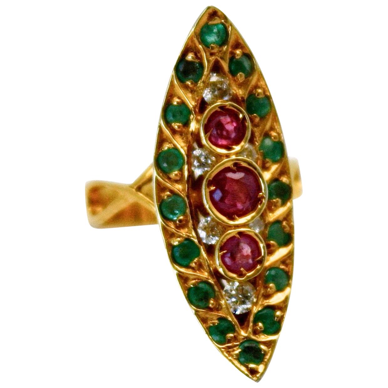 Deco Ruby Emerald Diamond Pagoda Ring 18 Karat For Sale