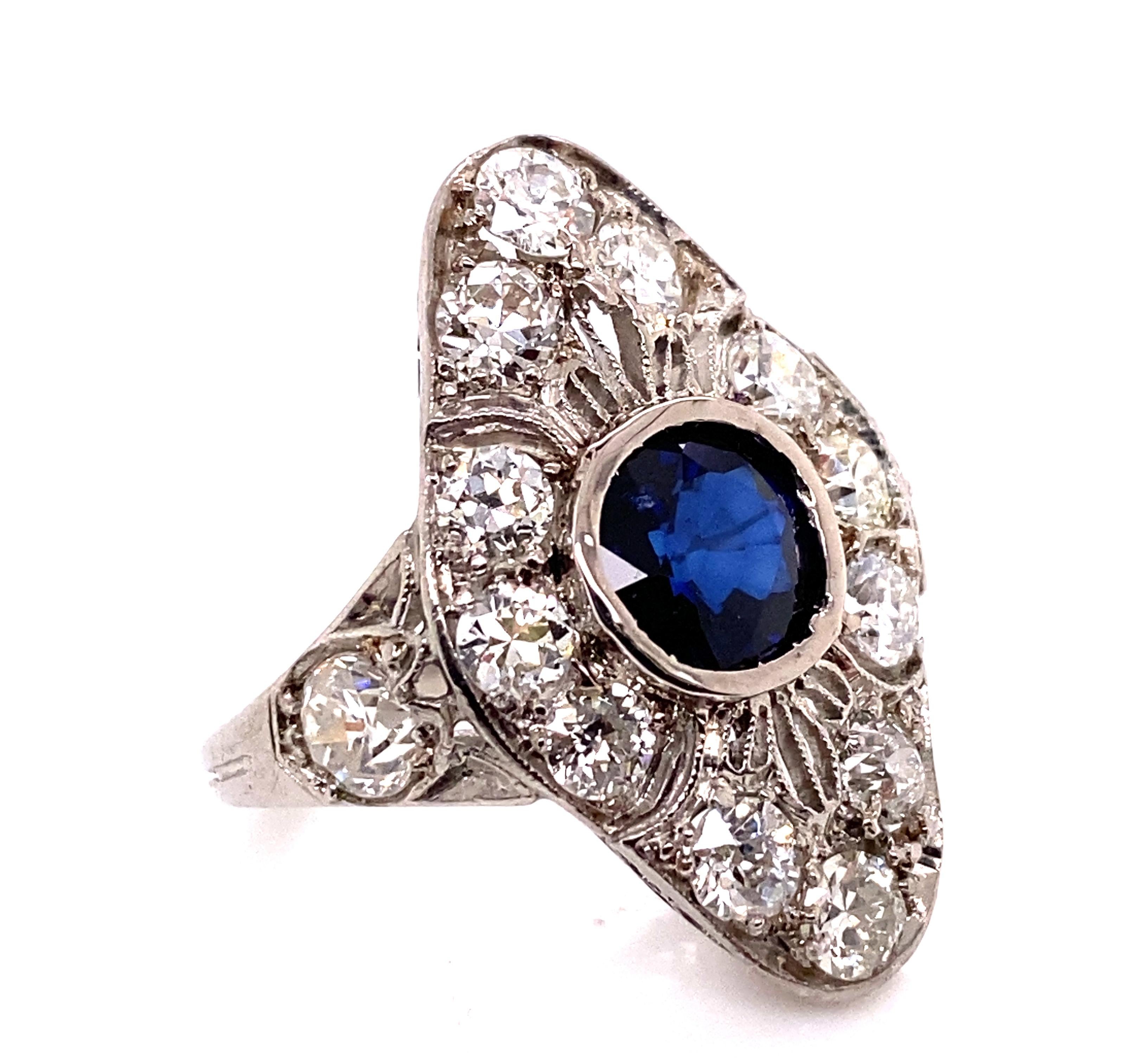 Old European Cut Art Deco Sapphire Diamond Ring 3.30ct Old European Original 1910's Antique Plat For Sale