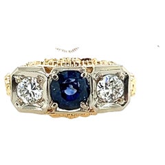 Used Deco Sapphire 3 Stone Diamond Sri Lanka Sapphire Ring 2.10ct GIA 1930s NOS 18K