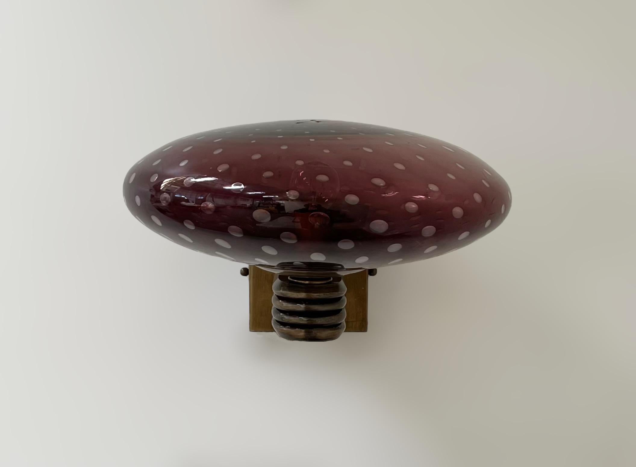 Italian Art Deco style wall light with amethyst Murano glass shade hand blown with bubbles inside the glass using Bollicine technique, mounted on bronzed finish frame / designed by Fabio Bergomi for Fabio Ltd, made in Italy
1 light / E12 or E14 type
