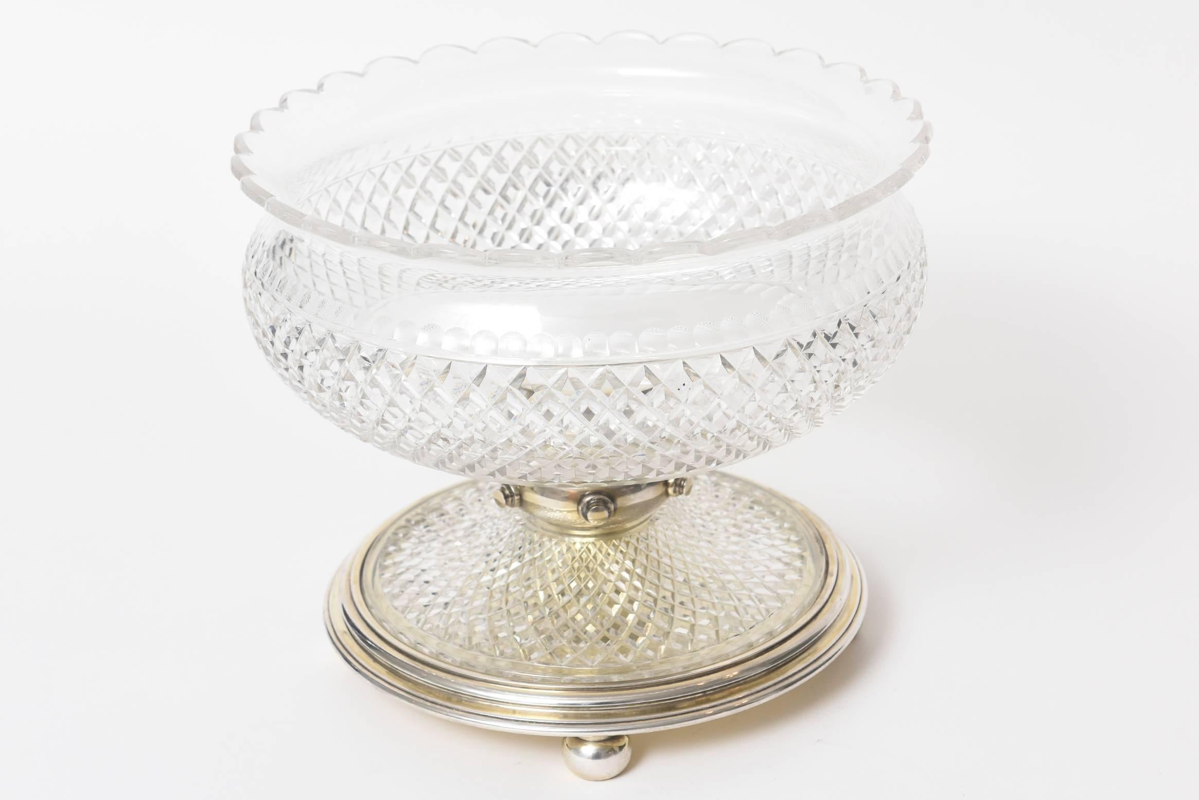 Large Art Deco Silver Plate Cut Glass Bowl / Compote Centerpiece For Sale 2