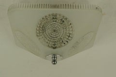 1920s Deco Square Flush Mount Light Fixture, Brass and Glass, Rewired