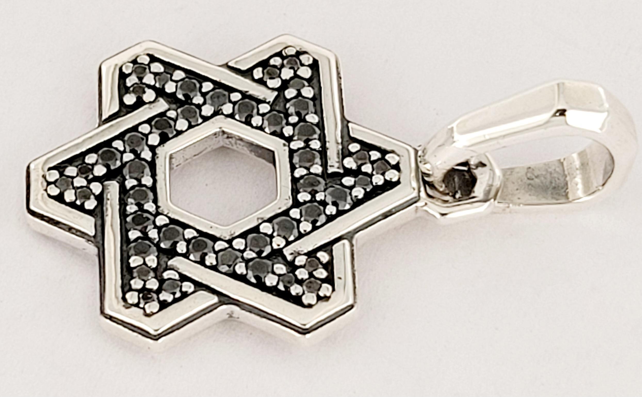 Round Cut Deco Star of David Pendant Sterling Silver with Black Diamonds For Sale