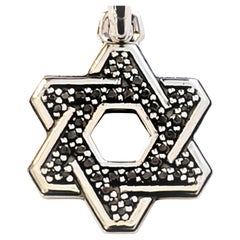 Deco Star of David Pendant Sterling Silver with Black Diamonds, 19.8mm