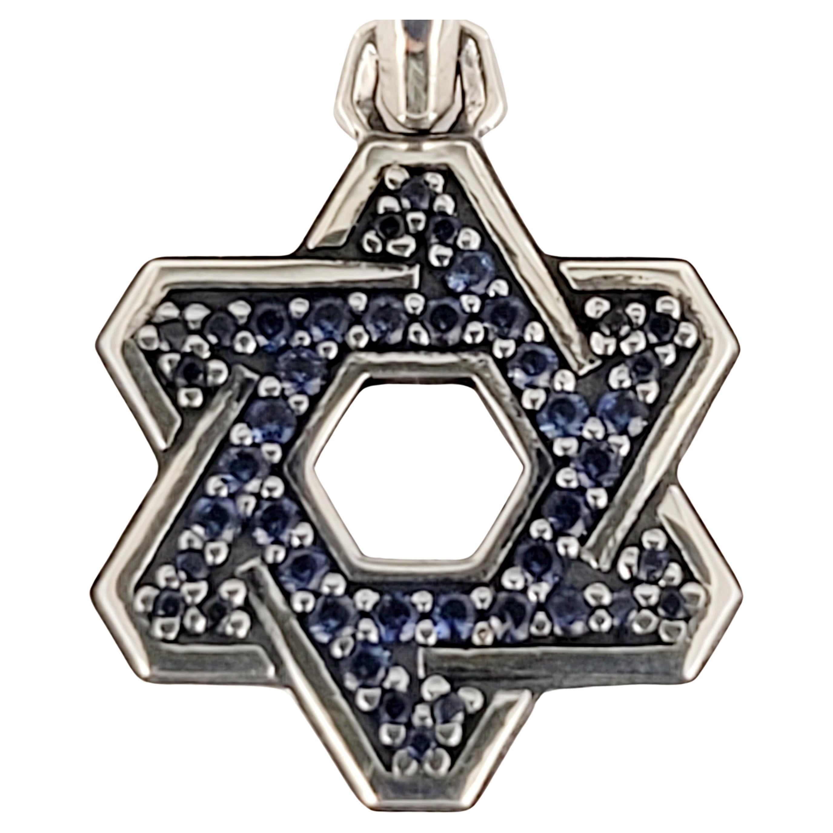 Deco Star of David Pendant Sterling Silver with Blue Sapphire Diamonds For Sale