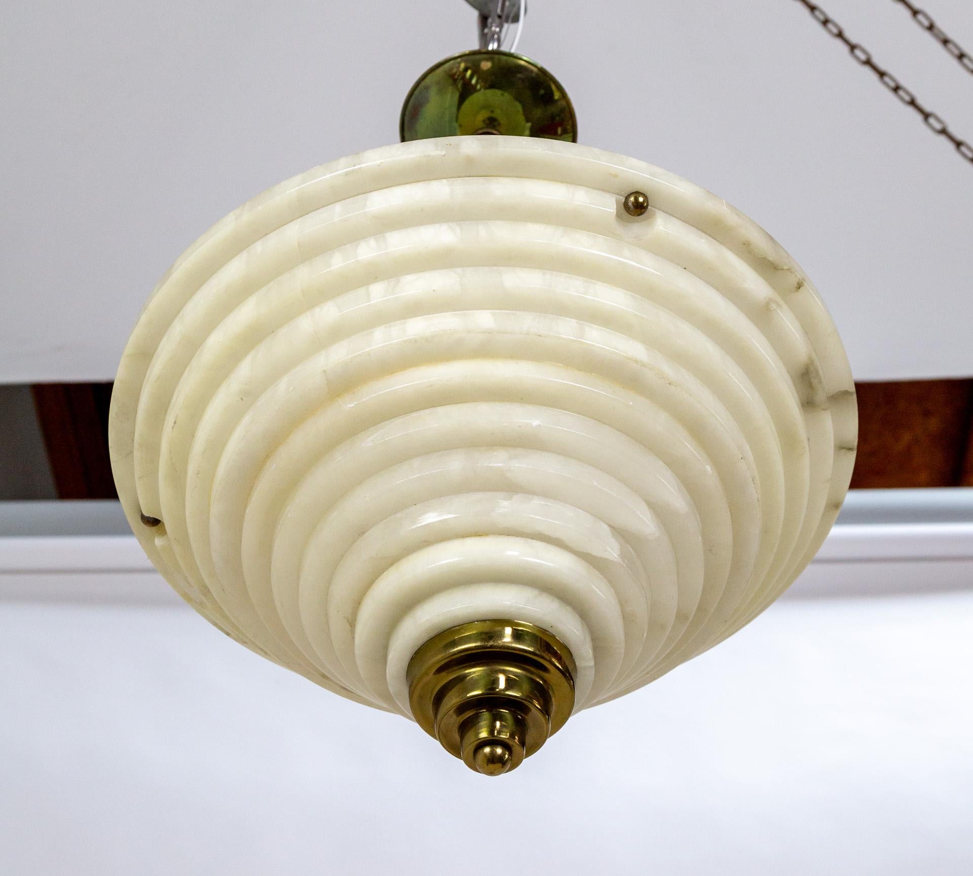 Deco Stepped Alabaster Pendant Light w/ Brass Finial For Sale 7