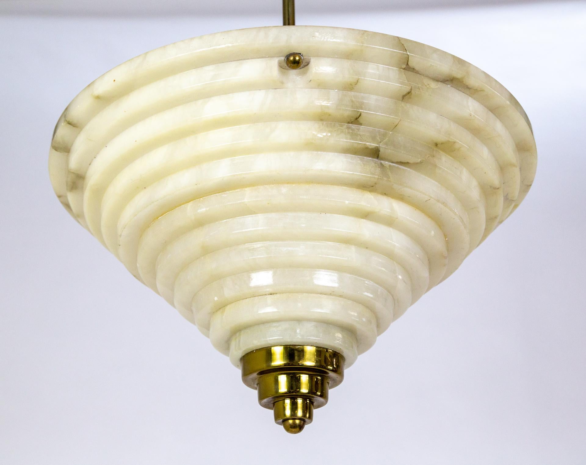 Deco Stepped Alabaster Pendant Light w/ Brass Finial For Sale 1