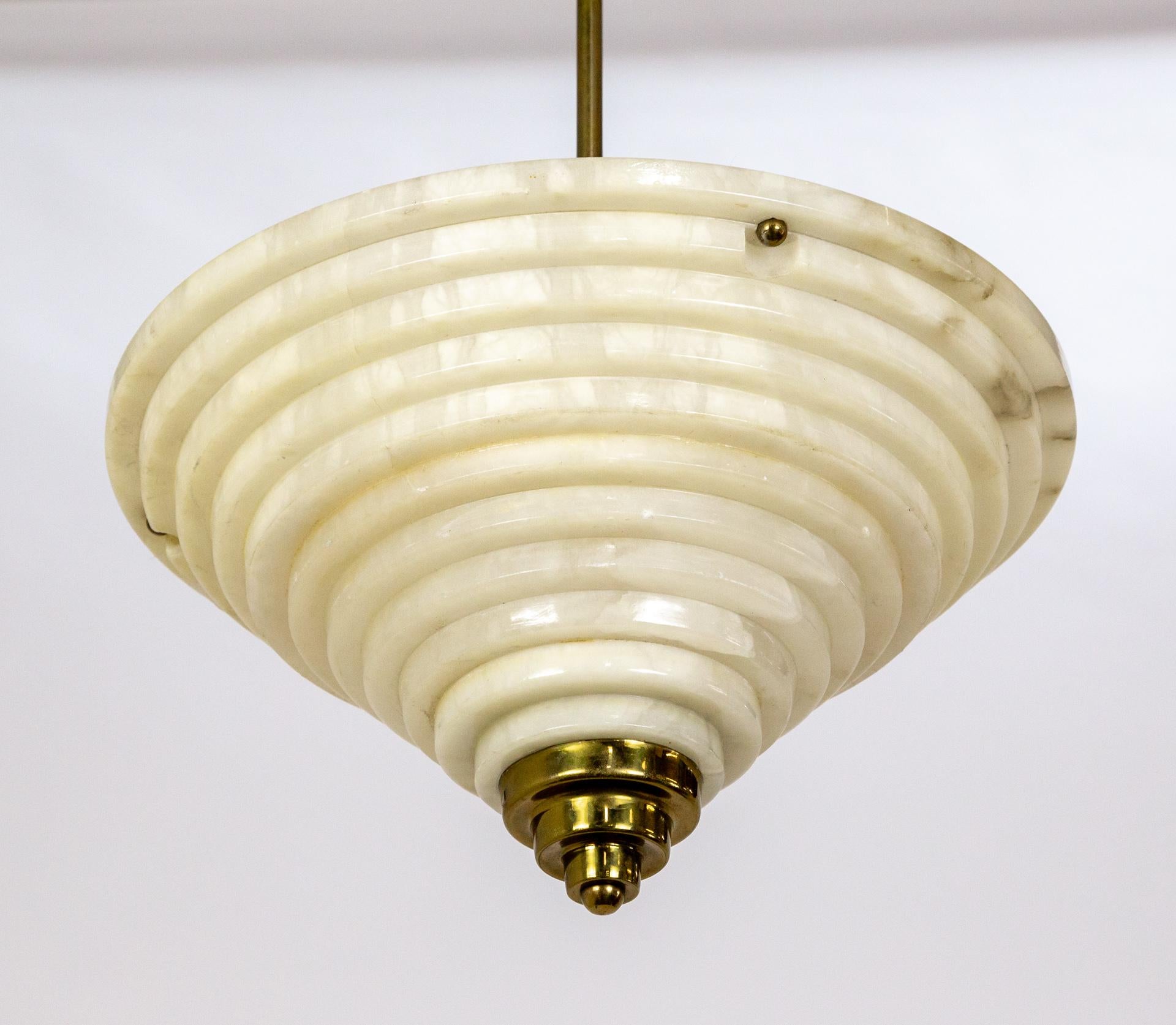 Deco Stepped Alabaster Pendant Light w/ Brass Finial For Sale 2