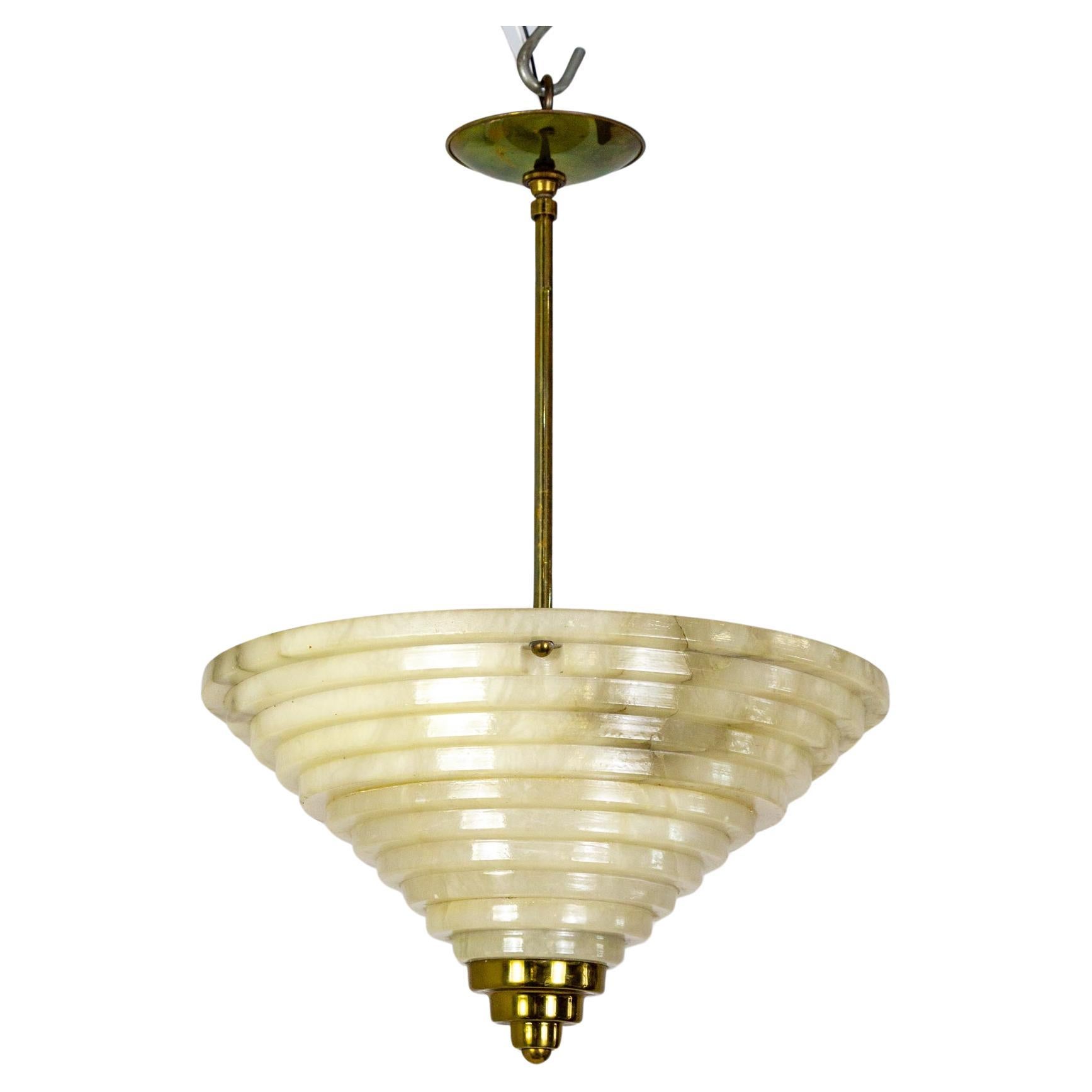 Deco Stepped Alabaster Pendant Light w/ Brass Finial For Sale