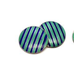 Deco Sterling Silver Green and Blue Two Tone Striped Enameled Cufflinks