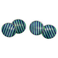 Deco Sterling Silver Green and Blue Two Tone Striped Enameled Cufflinks